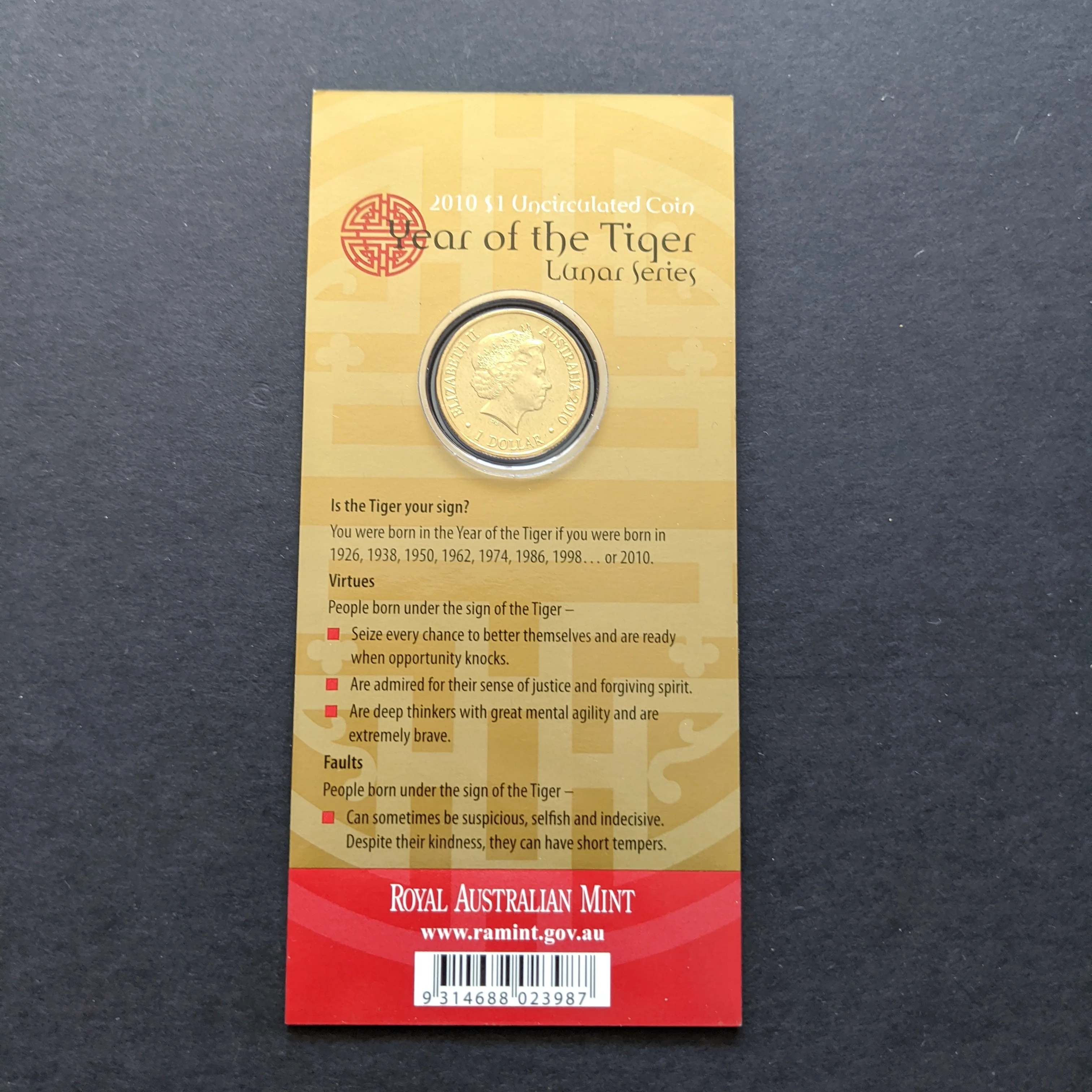 Australia 2010 Royal Australian Mint One Dollar $1 Lunar New Year of the Tiger Lunar Coin - Image 4