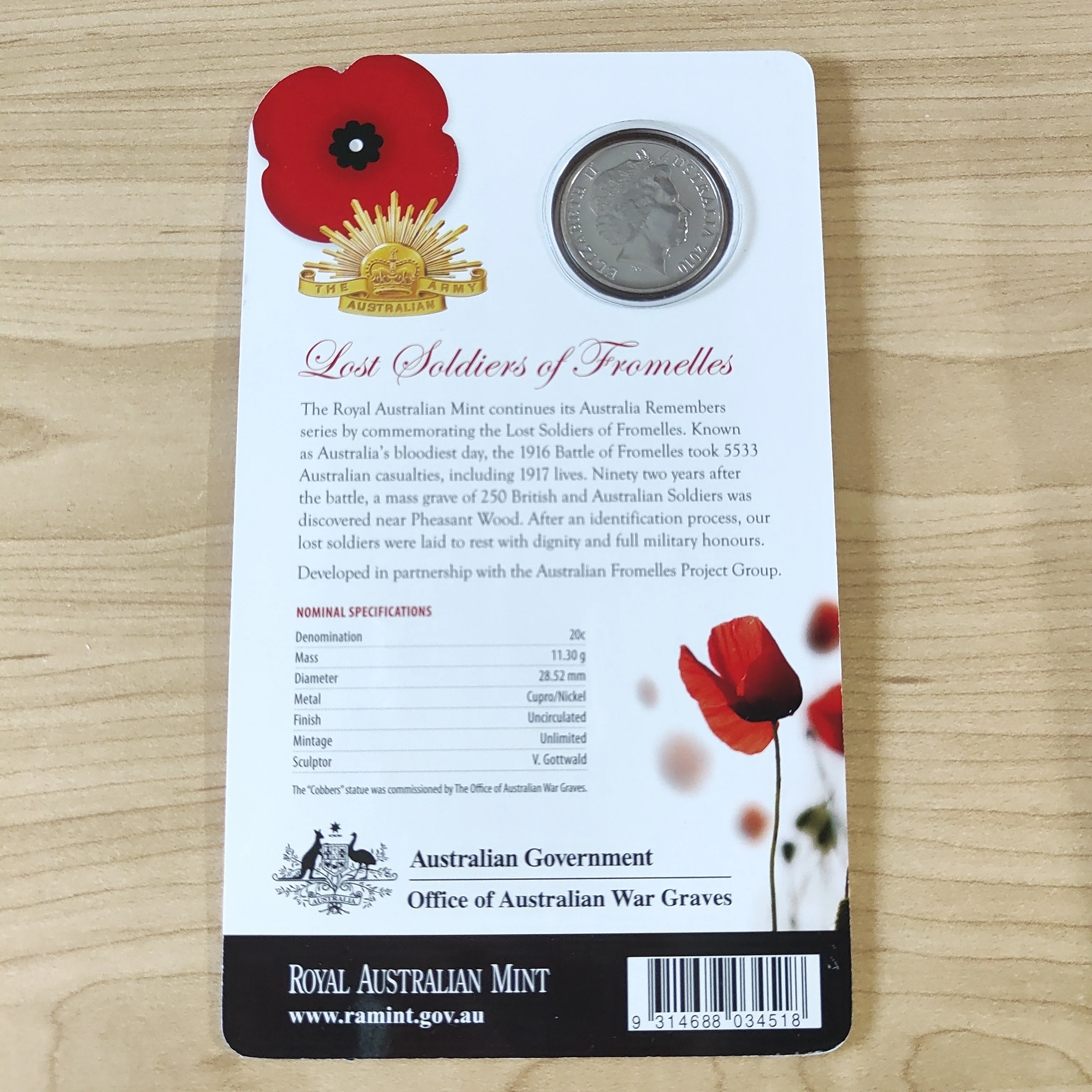 2010 Australia Remembers Lost Soldiers of Fromelles 20c Uncirculated Carded Coin - Image 2