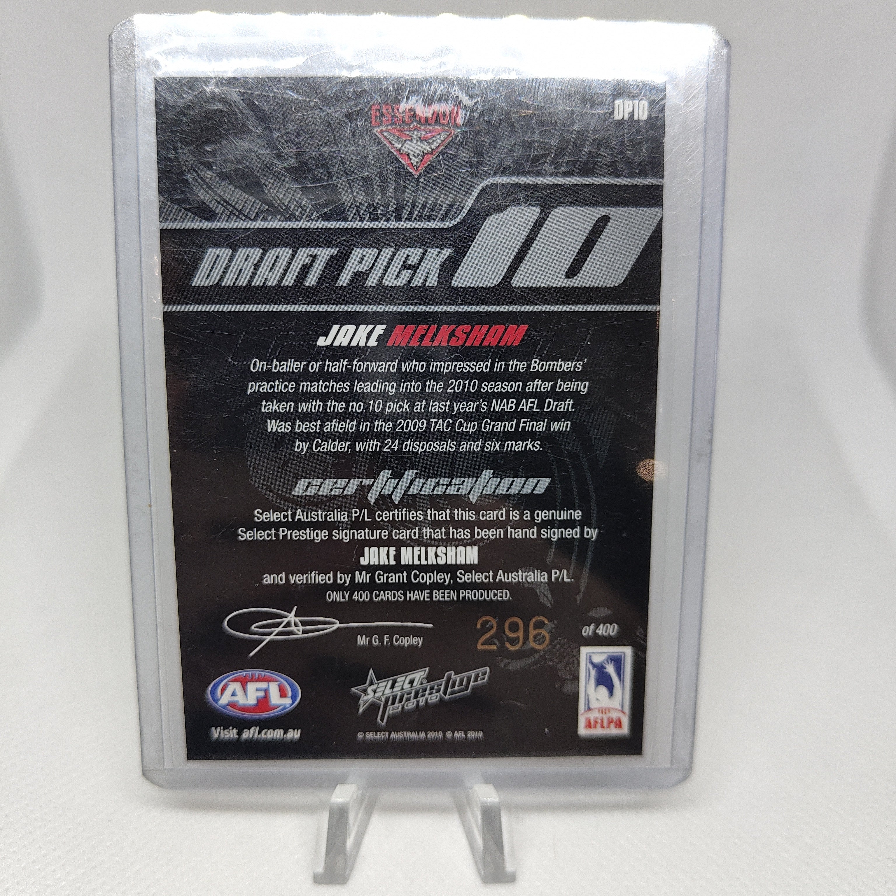 2010 Select Prestige Draft Pick Signature Jake Melksham Essendon No. 296/400 - Image 2