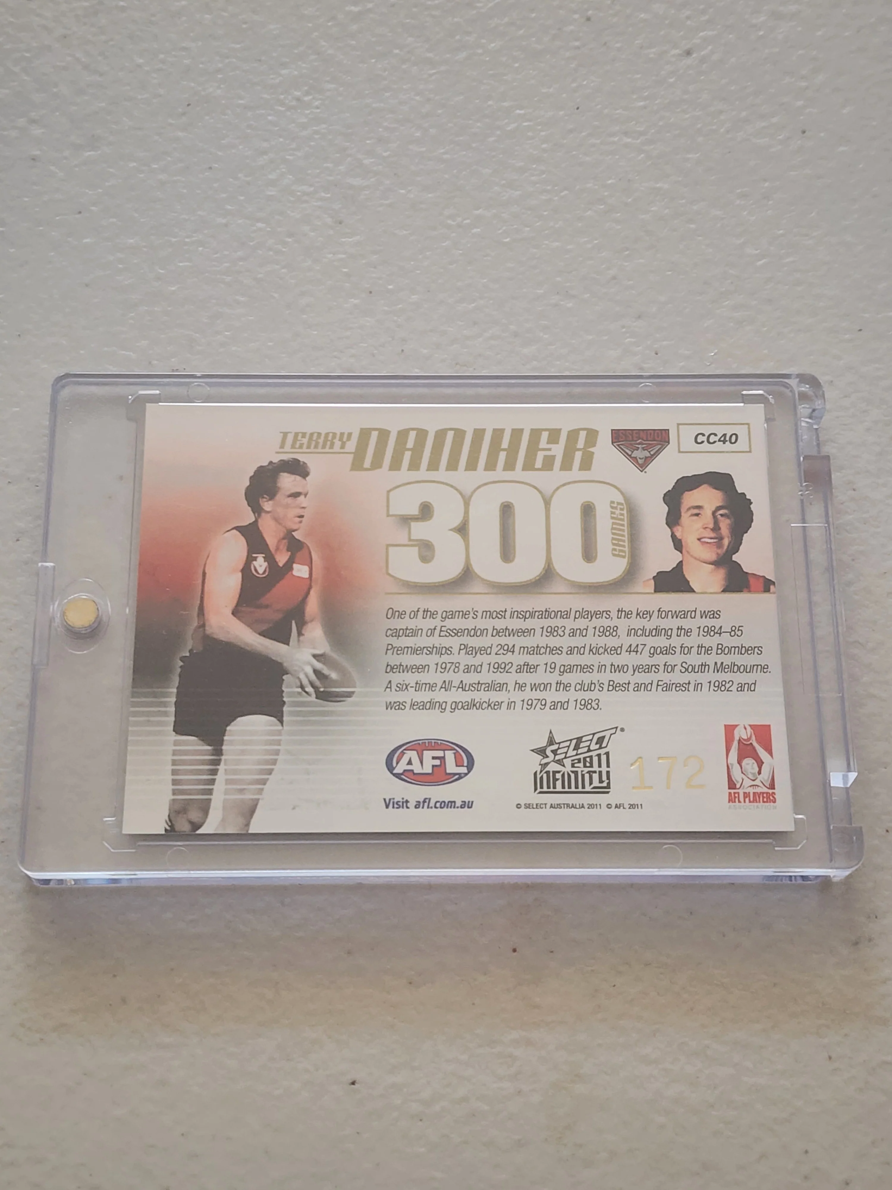 2011 AFL Select Infinity 300 games Terry Daniher #172 CC40 - Image 2