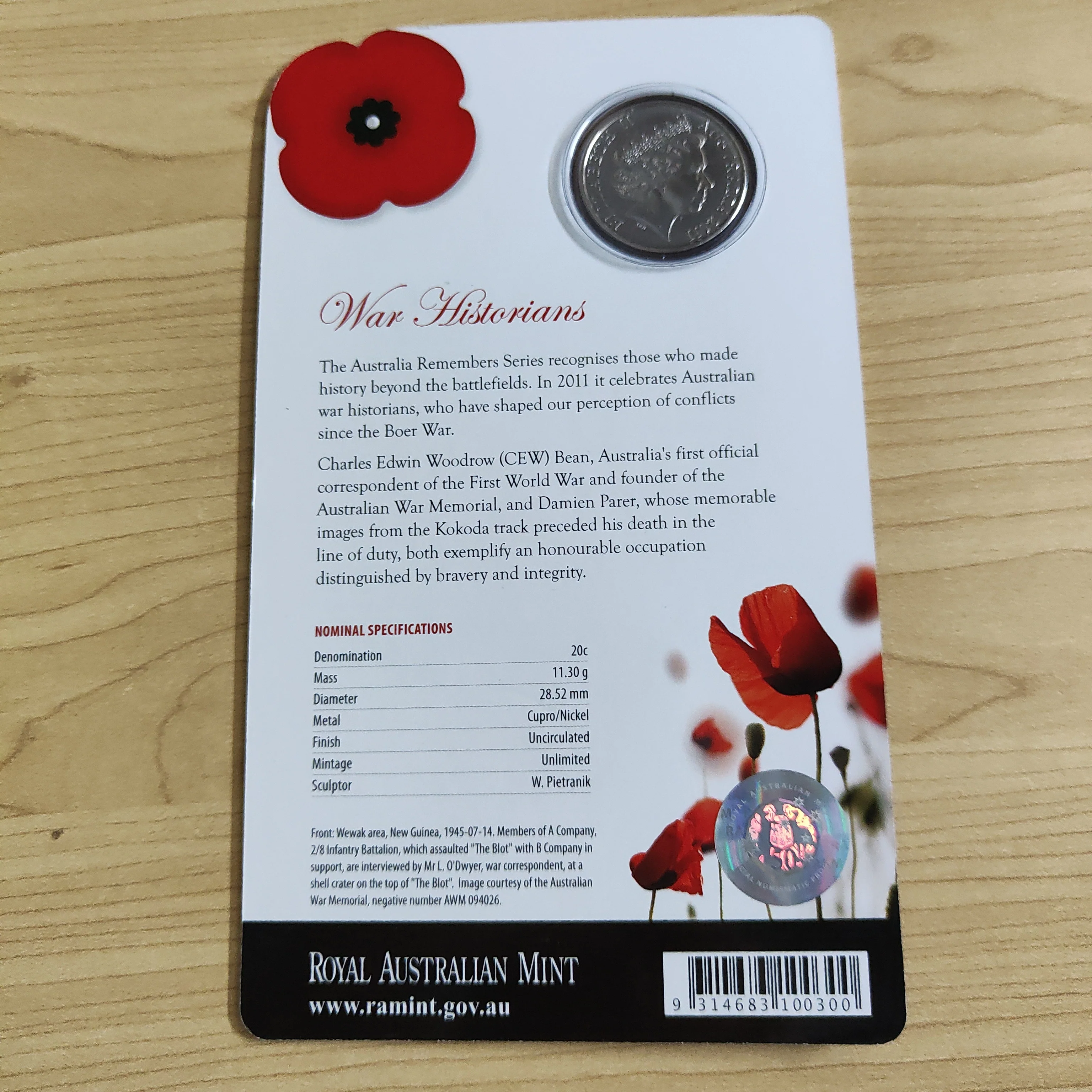 2011 Australia Remembers War Historians 20c Uncirculated Carded Coin - Image 2