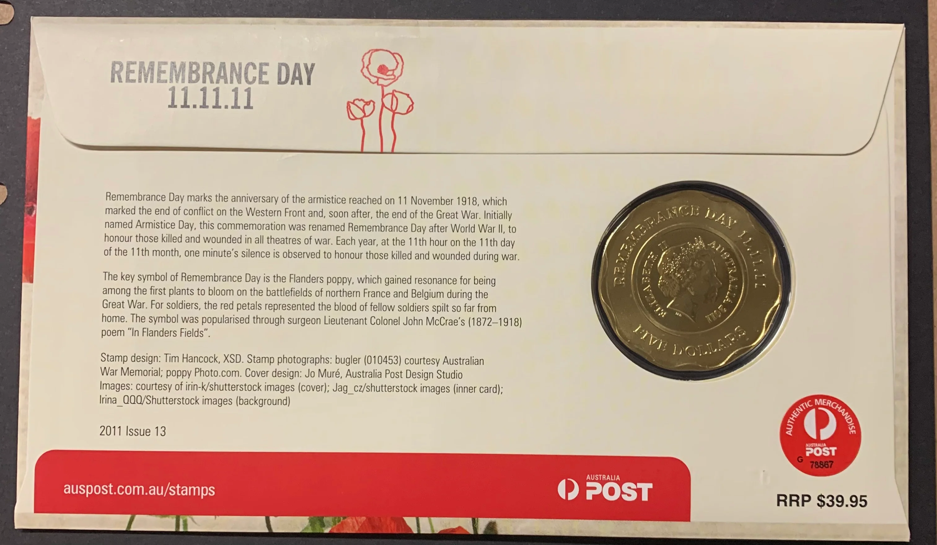 2011 Remembrance Day Poppy $5 Coloured Coin FOIL PNC Limited Edition No.0661/1111 - Image 2
