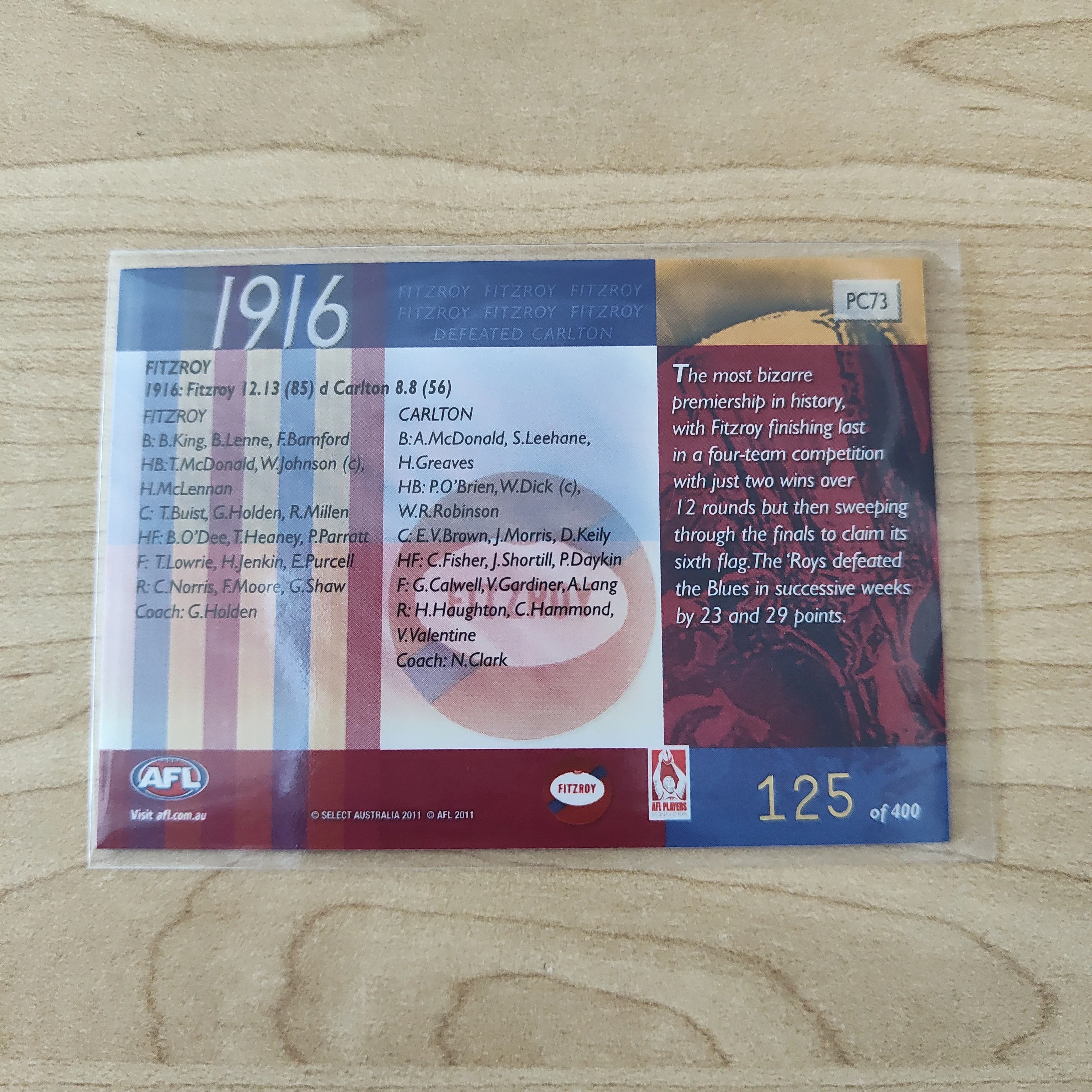 2011 Select Infinity 1916 Premiers Fitzroy No.125/400 - Image 2