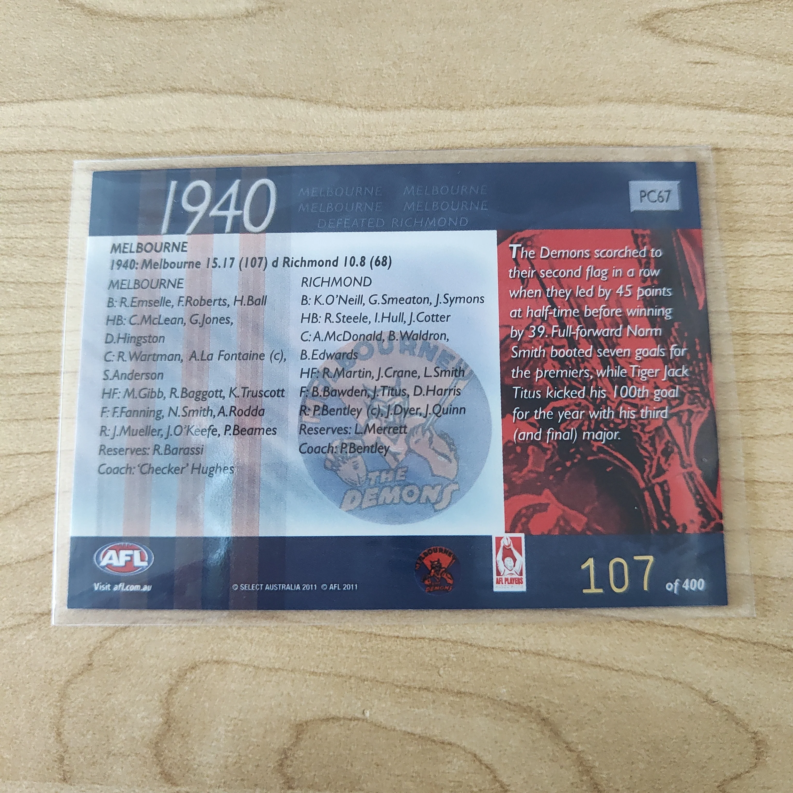 2011 Select Infinity 1940 Premiers Melbourne No.107/400 - Image 2