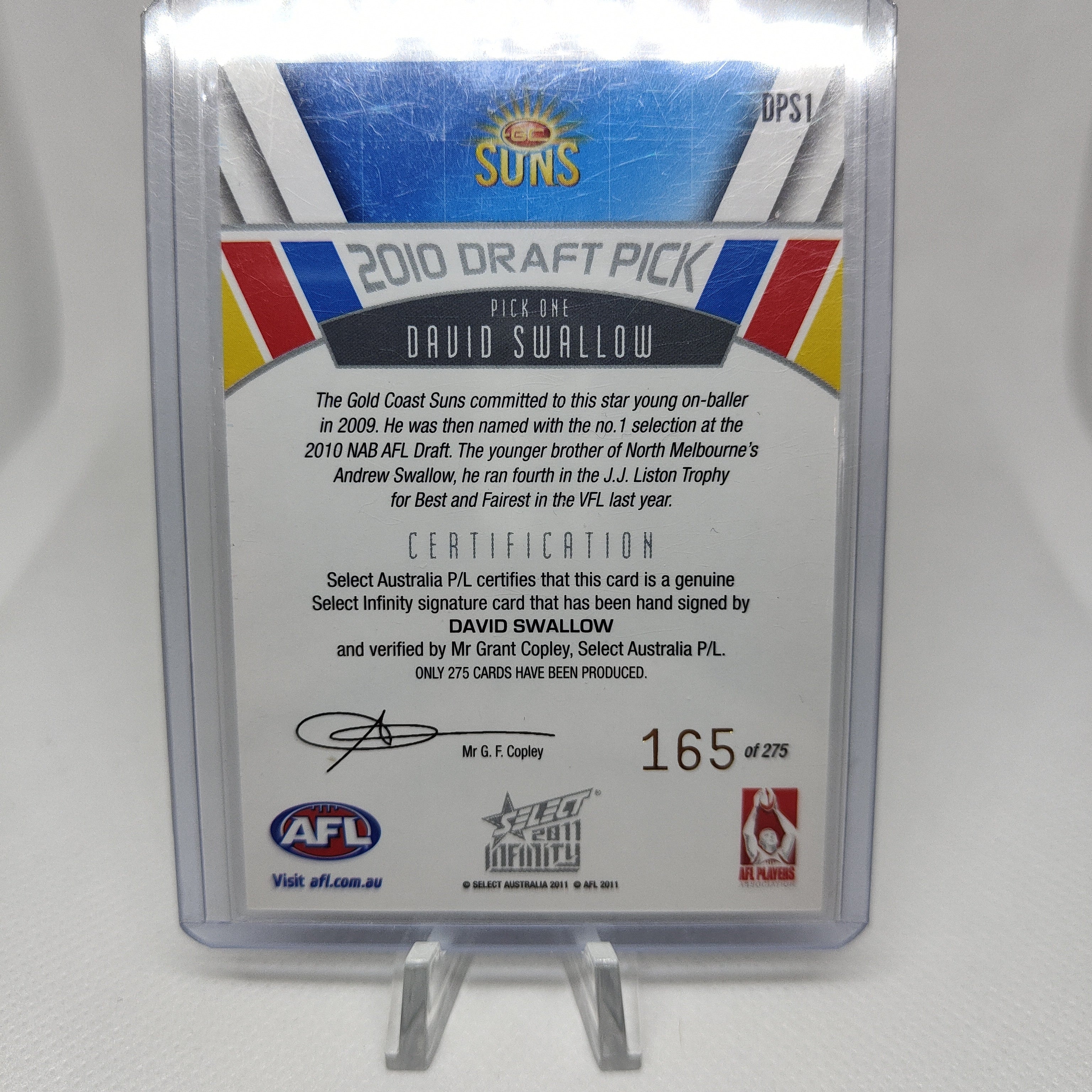 2011 Select Infinity Draft Pick Signature Card David Swallow Gold Coast - Image 2