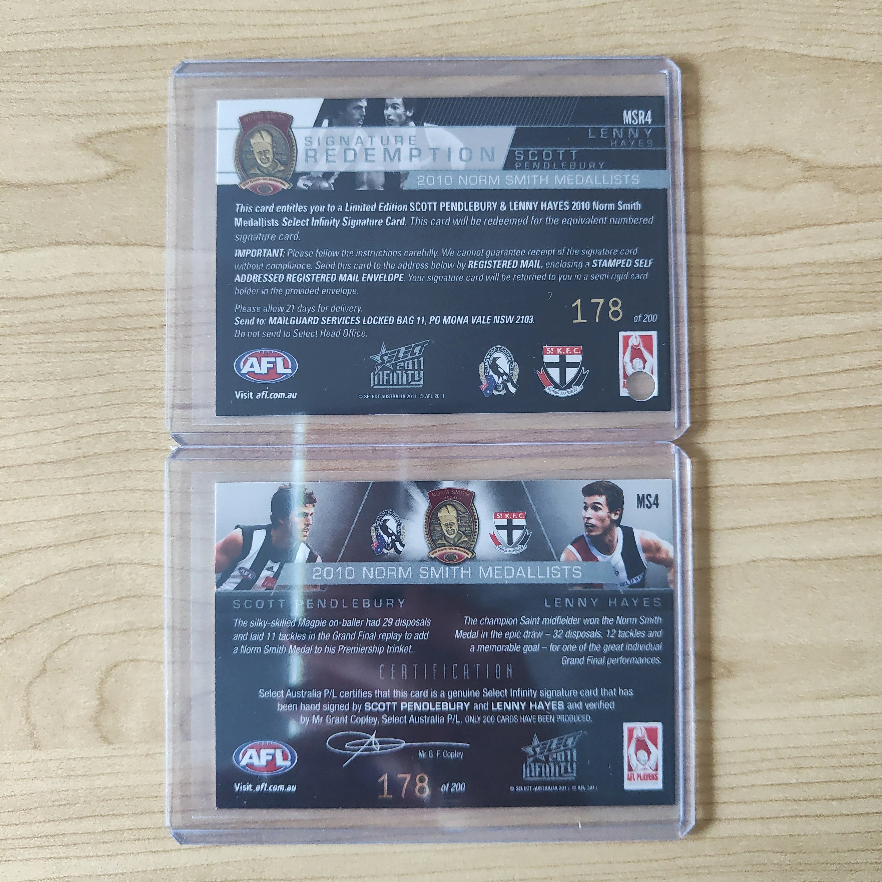 2011 Select Infinity Norm Smith Medal Scott Pendlebury and Lenny Haynes Signature Redemption Card - Image 2