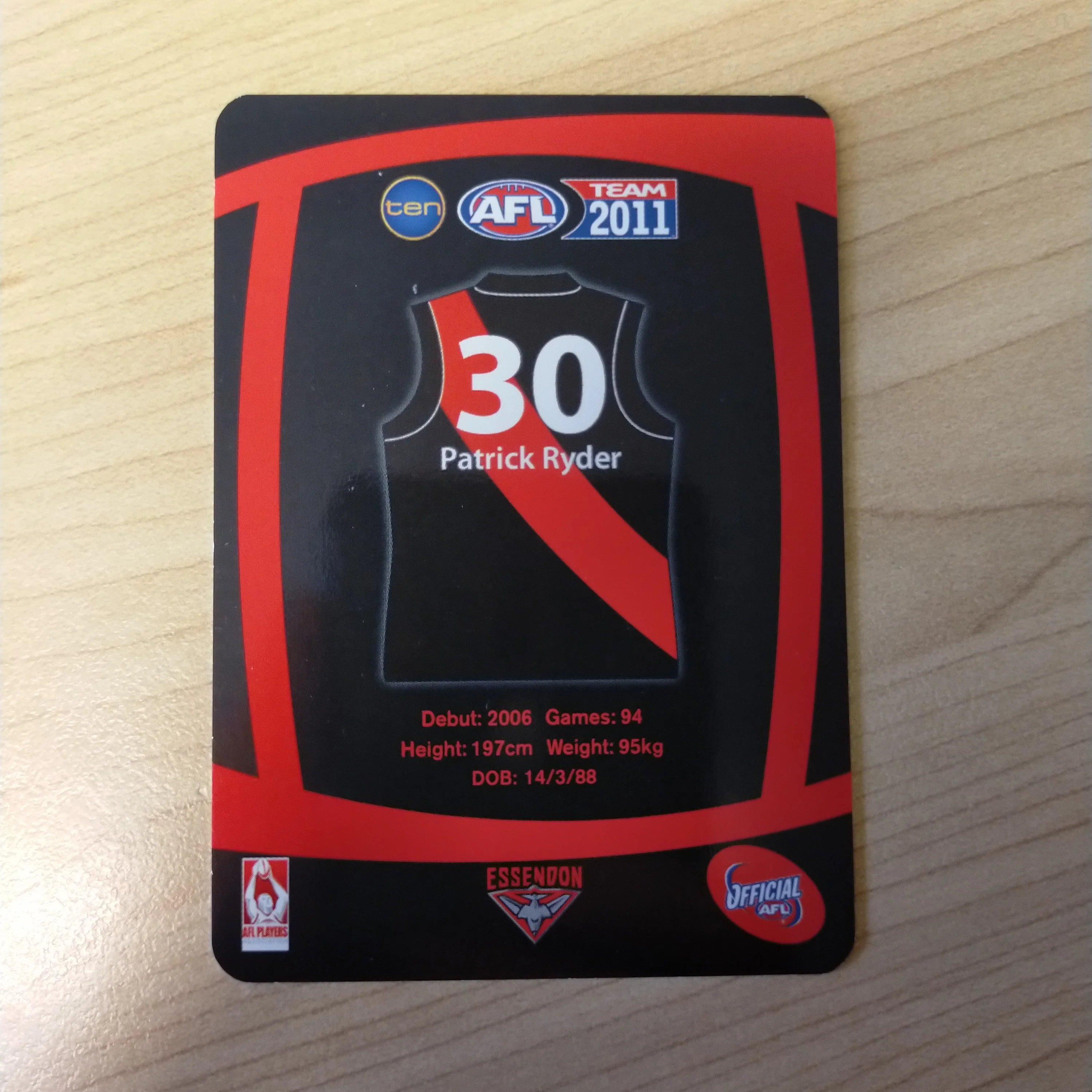 2011 Teamcoach Prize Cards Patrick Ryder ERROR CARDS NOT EMBOSSED Essendon - Image 2