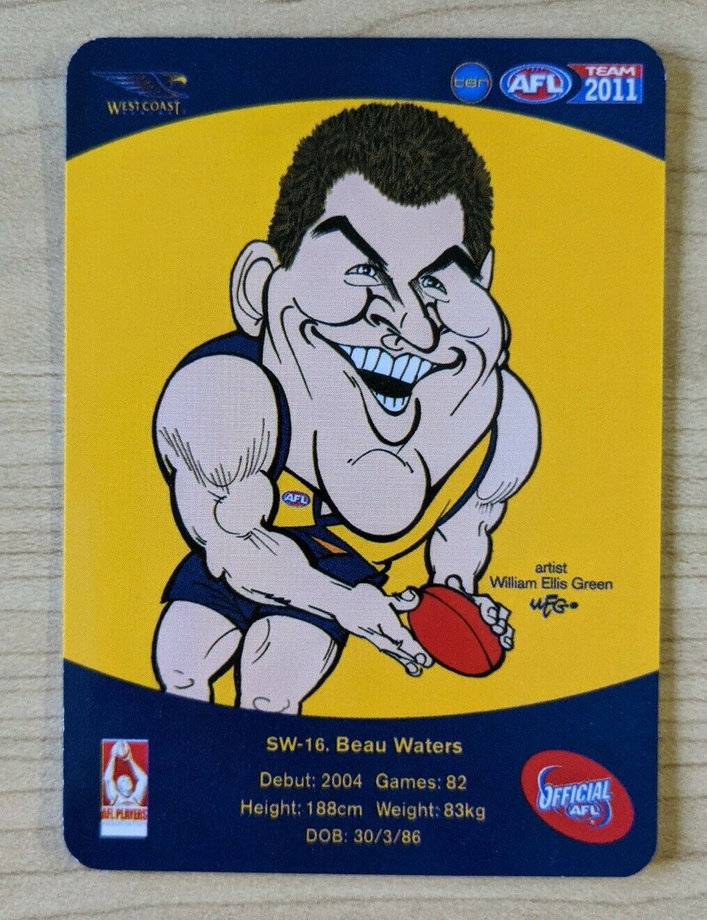 2011 Teamcoach Sample Star Wildcard SW-16 Beau Waters West Coast Eagles - Image 2