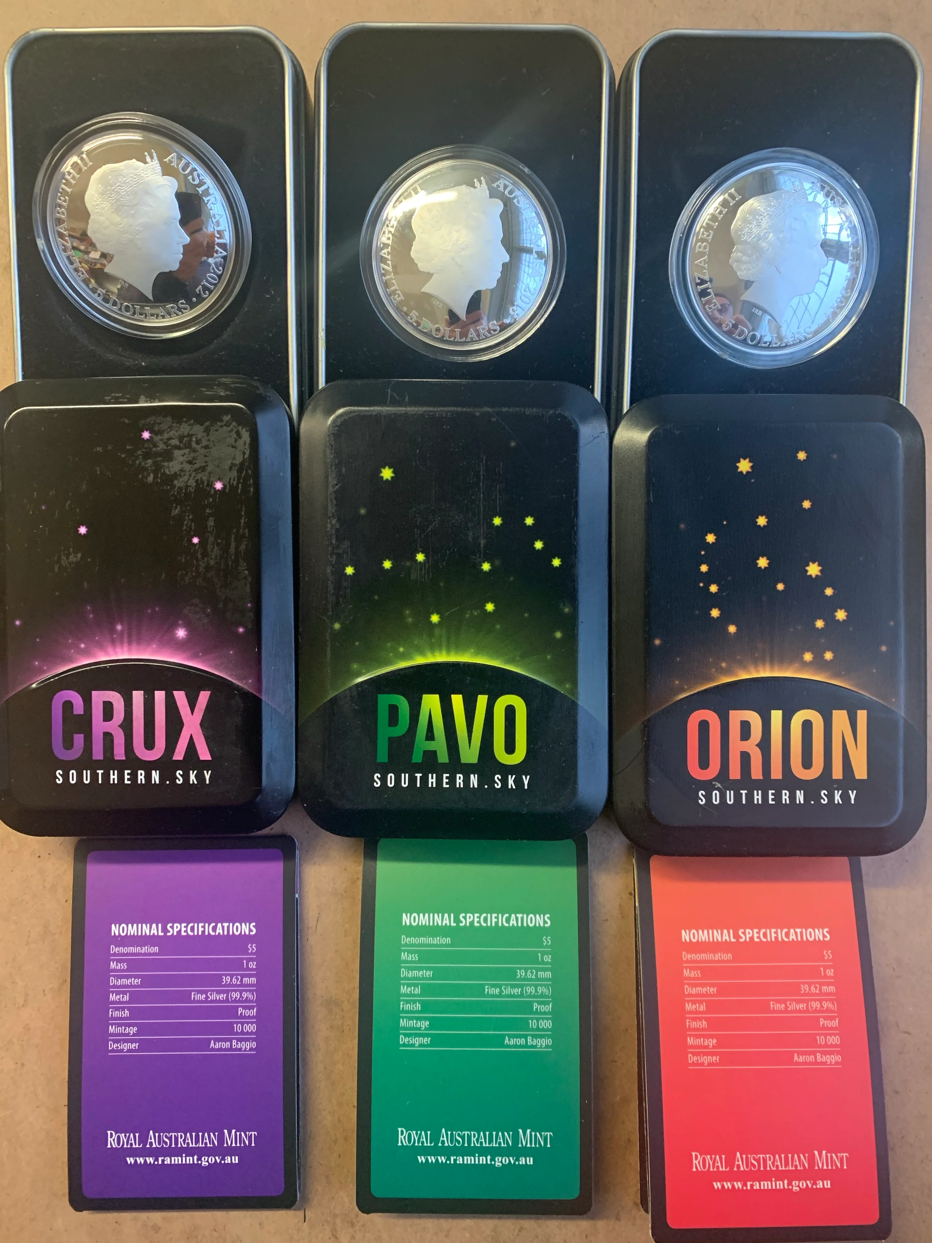 Australia 2012 Royal Australian Mint $5 Crux 2013 Pavo & 2014 Orion Domed 1oz 999 Silver Coin Box Cert - Image 2
