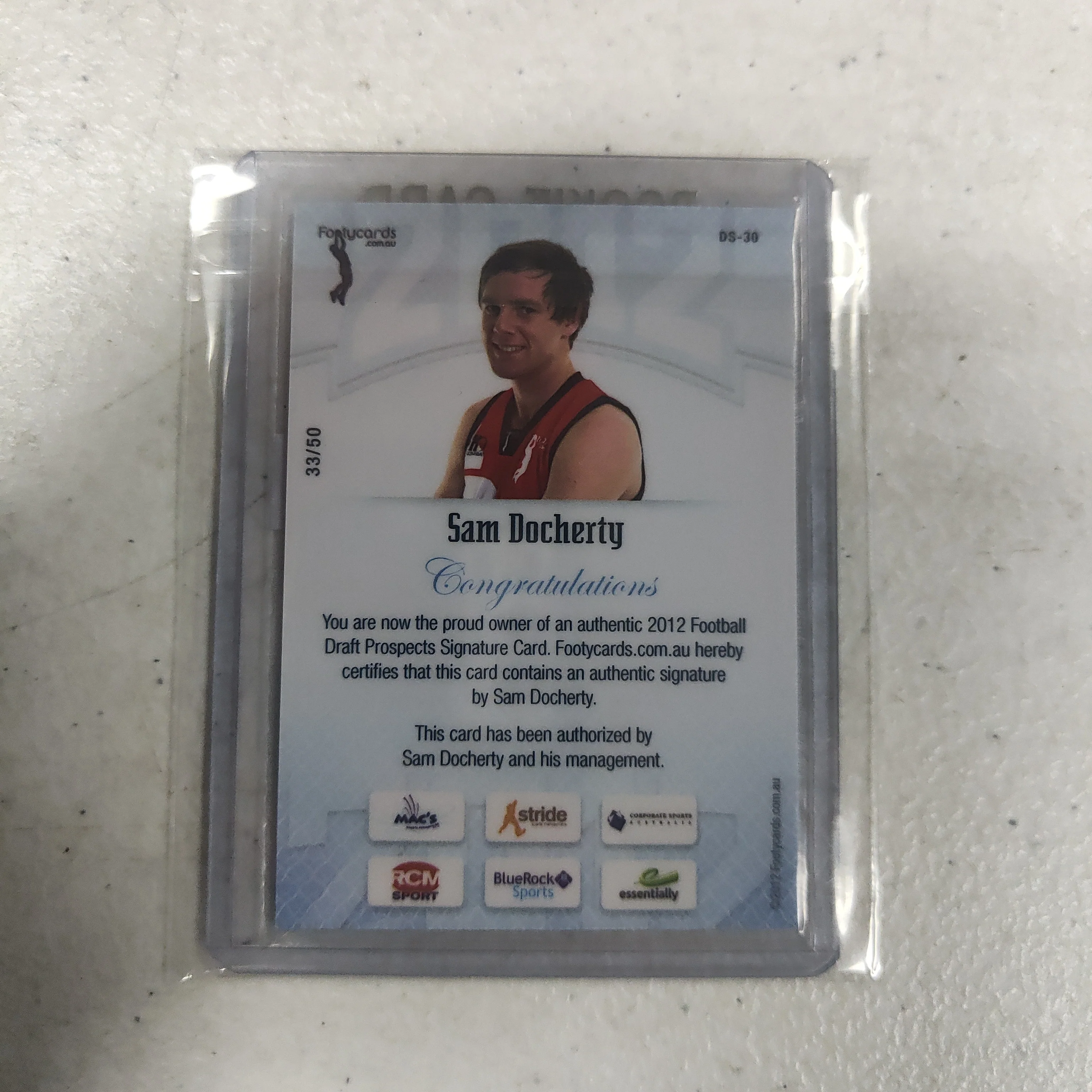 2012 AFL Footy Cards Draft Prospect Draft Pick Signature Sam Docherty Carlton 33/50 - Image 2