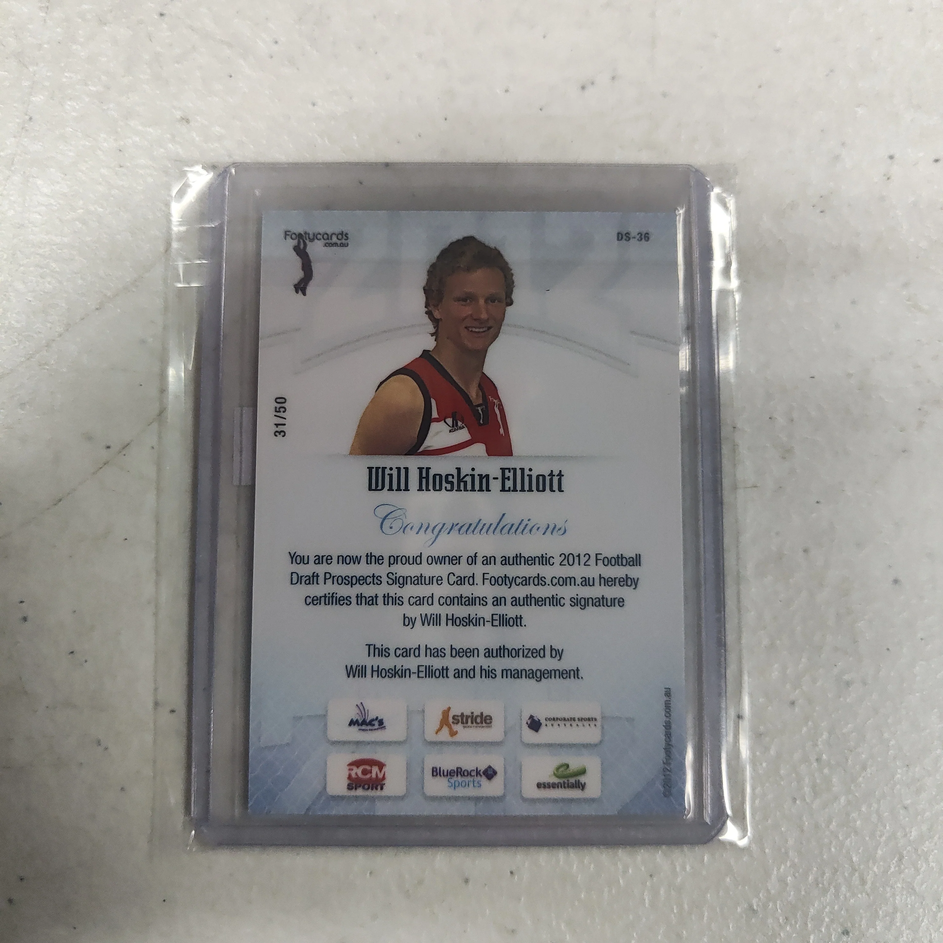2012 AFL Footy Cards Draft Prospect Draft Pick Signature Will Hoskin-Elliott Collingwood  31/50 - Image 2