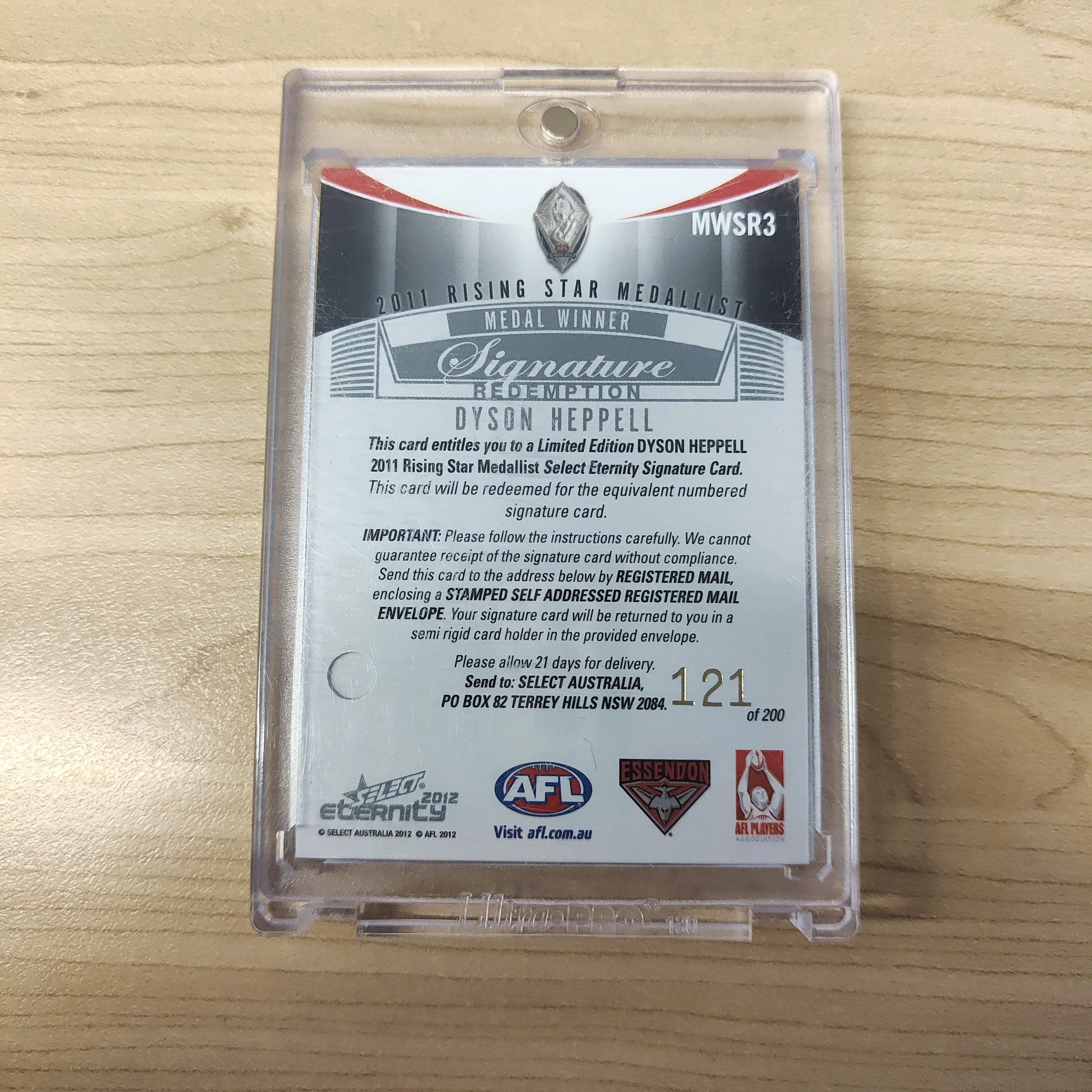 2012 AFL Select Eternity Dyson Heppell Essendon Rising Star Medal Signature Redemption - Image 2