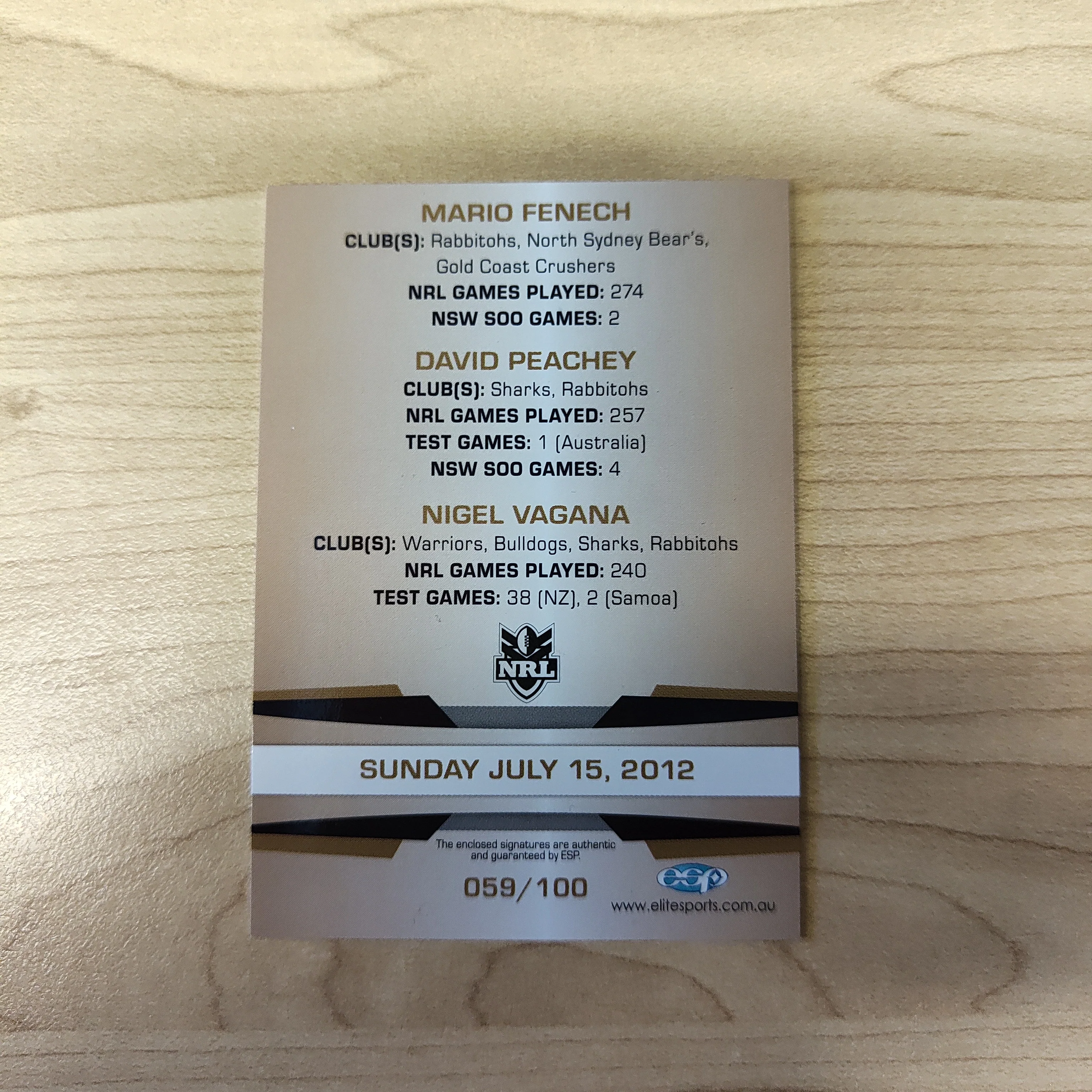 2012 NRL Limited Edition Signature Legends Series Mario Fenech David Peachey Nigel Vagana - Image 2