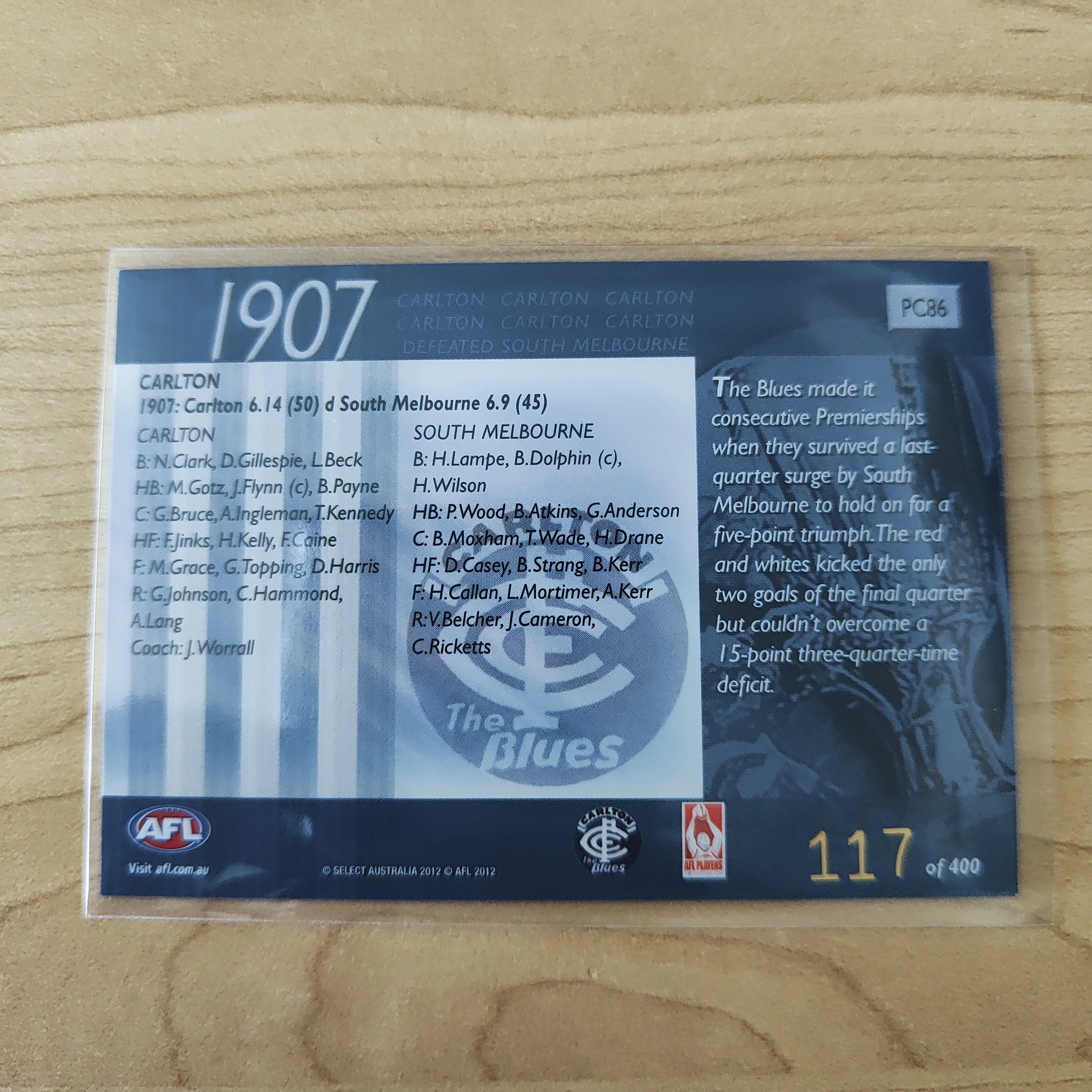 2012 Select Eternity 1907 Premiers Carlton No.117/400 - Image 2