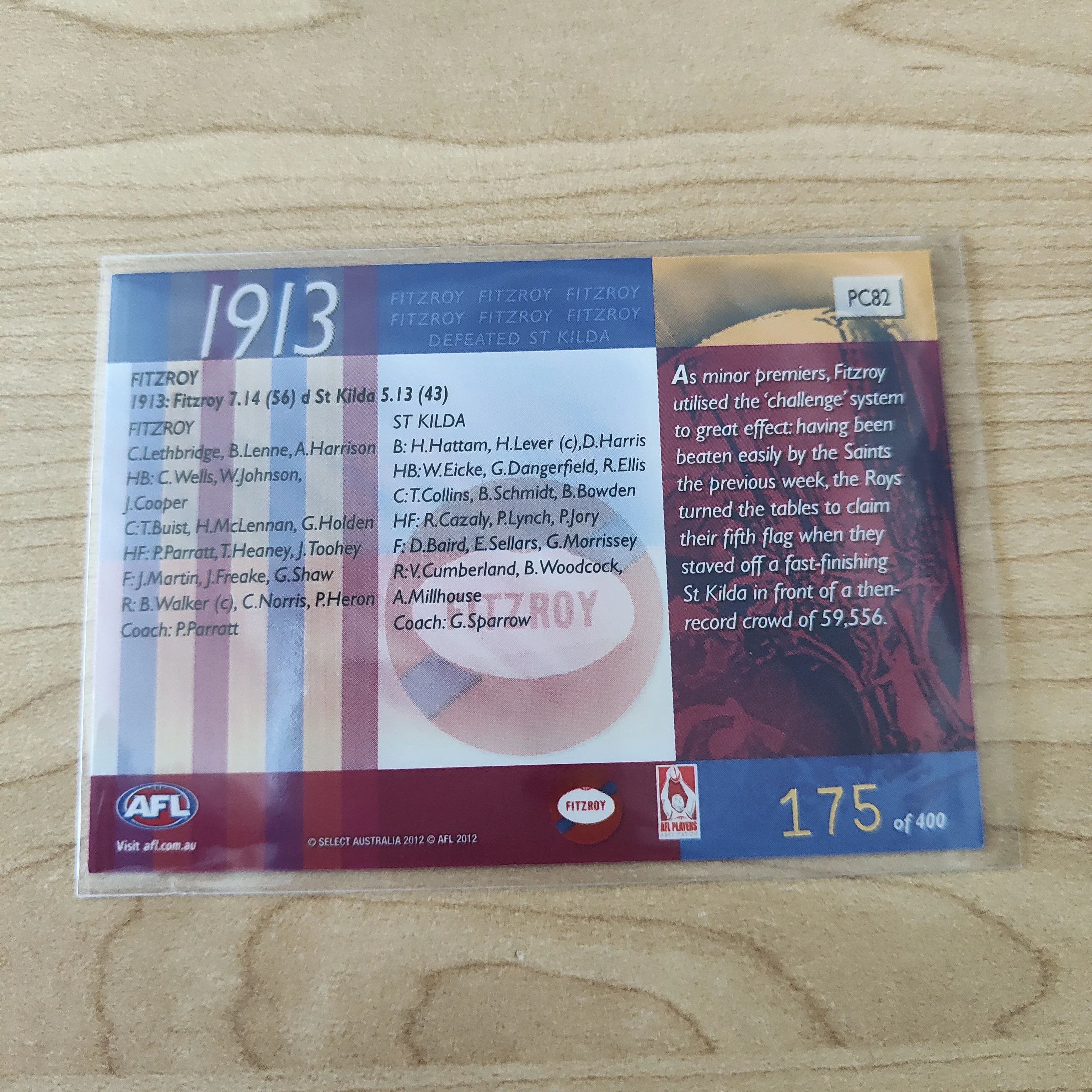 2012 Select Eternity 1913 Premiers Fitzroy No.175/400 - Image 2