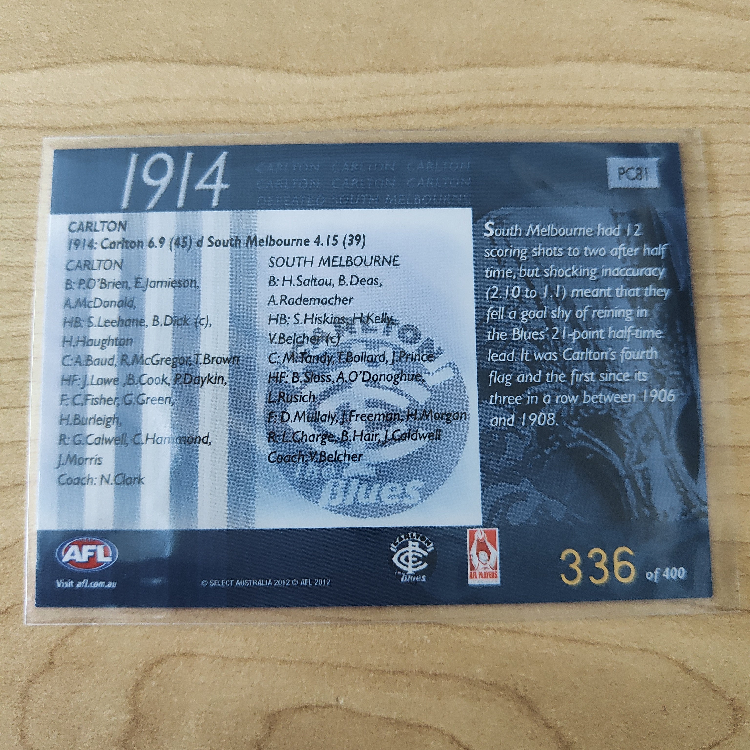 2012 Select Eternity 1914 Premiers Carlton No.336/400 - Image 2