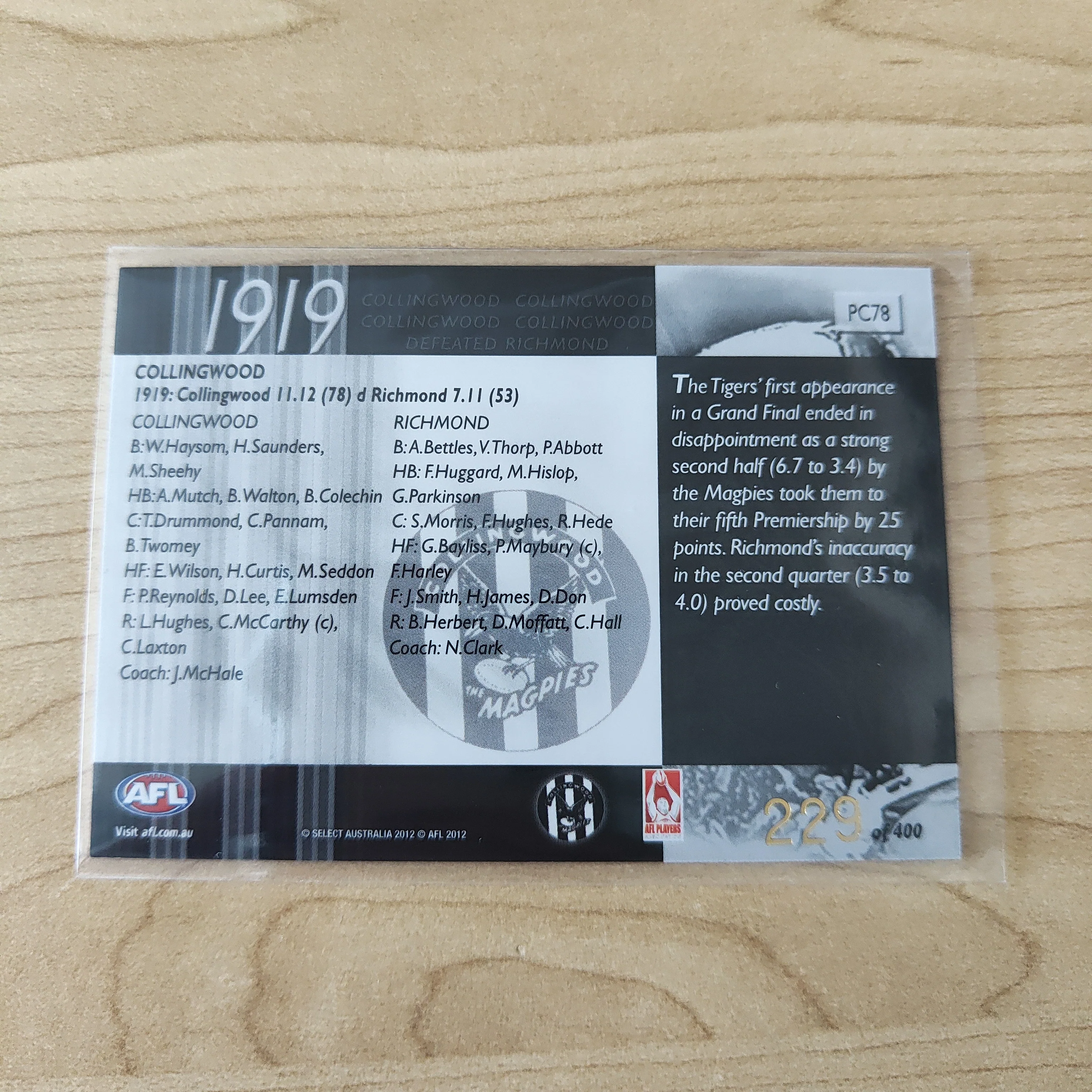 2012 Select Eternity 1919 Premiers Collingwood No.229/400 - Image 2