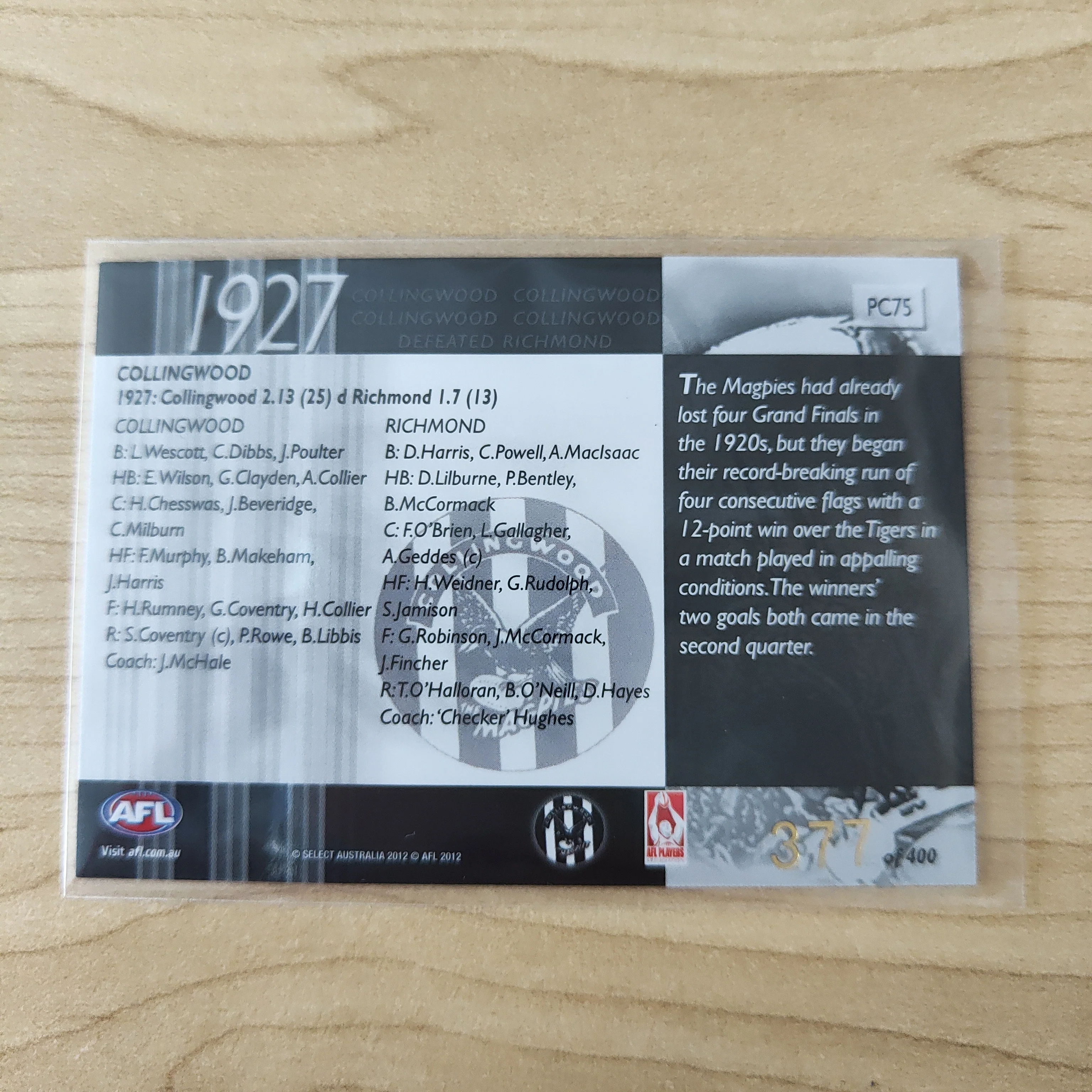 2012 Select Eternity 1927 Premiers Collingwood No.377/400 - Image 2
