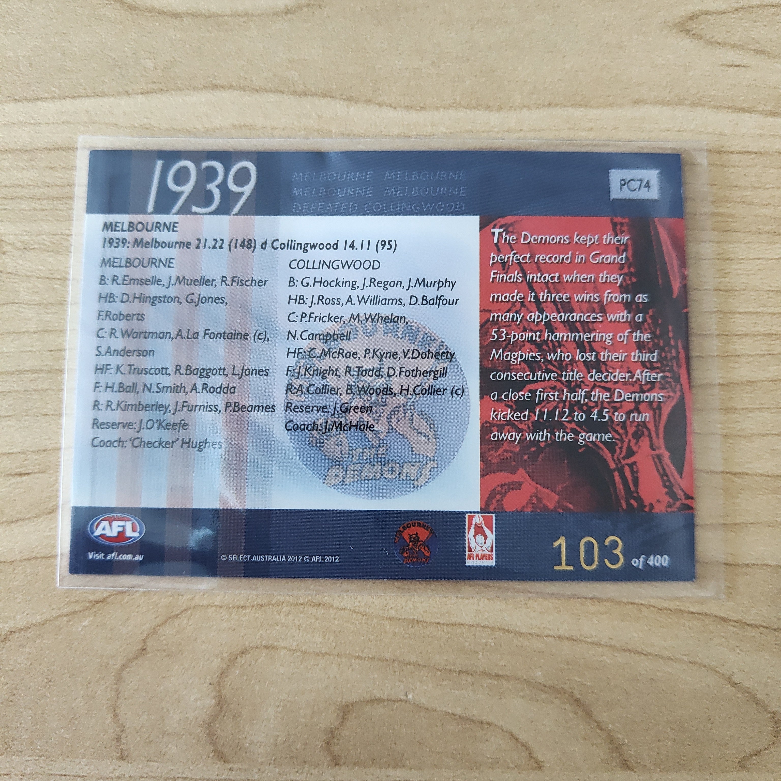 2012 Select Eternity 1939 Premiers Melbourne No.103/400 - Image 2