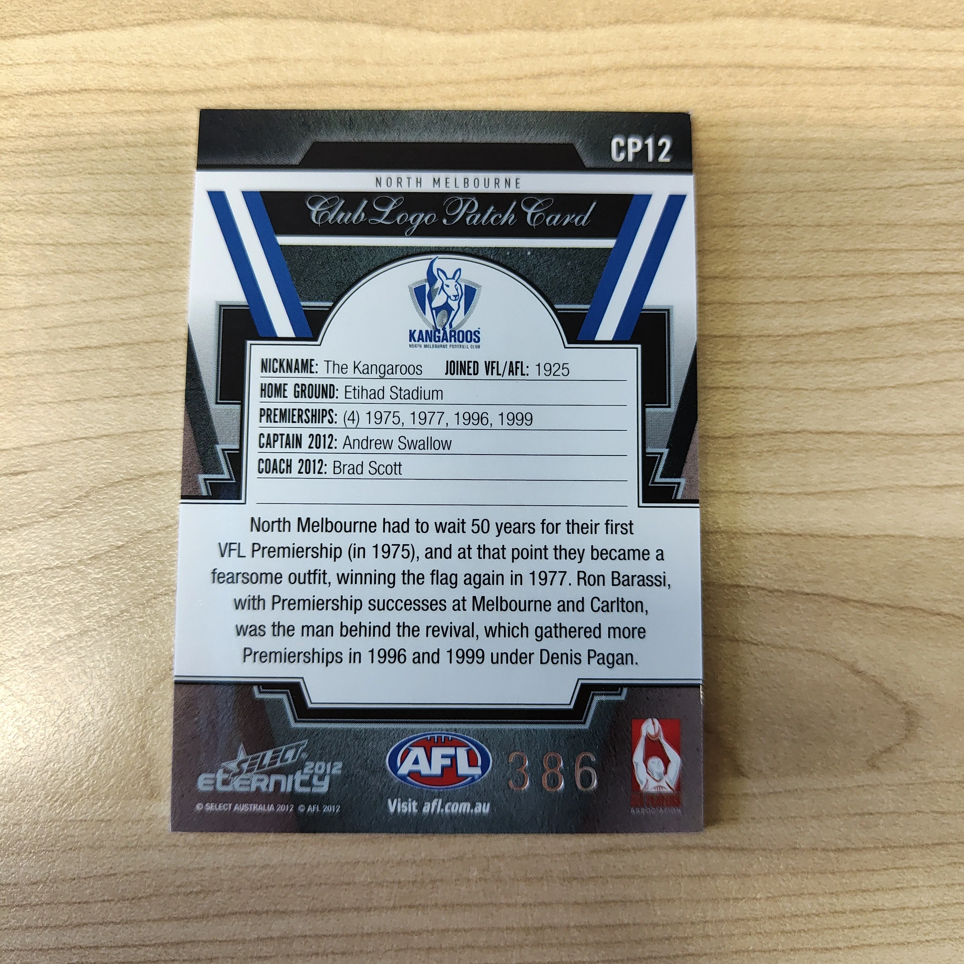 2012 Select Eternity Club Logo Patch Card Andrew Swallow North Melbourne No.386 - Image 2
