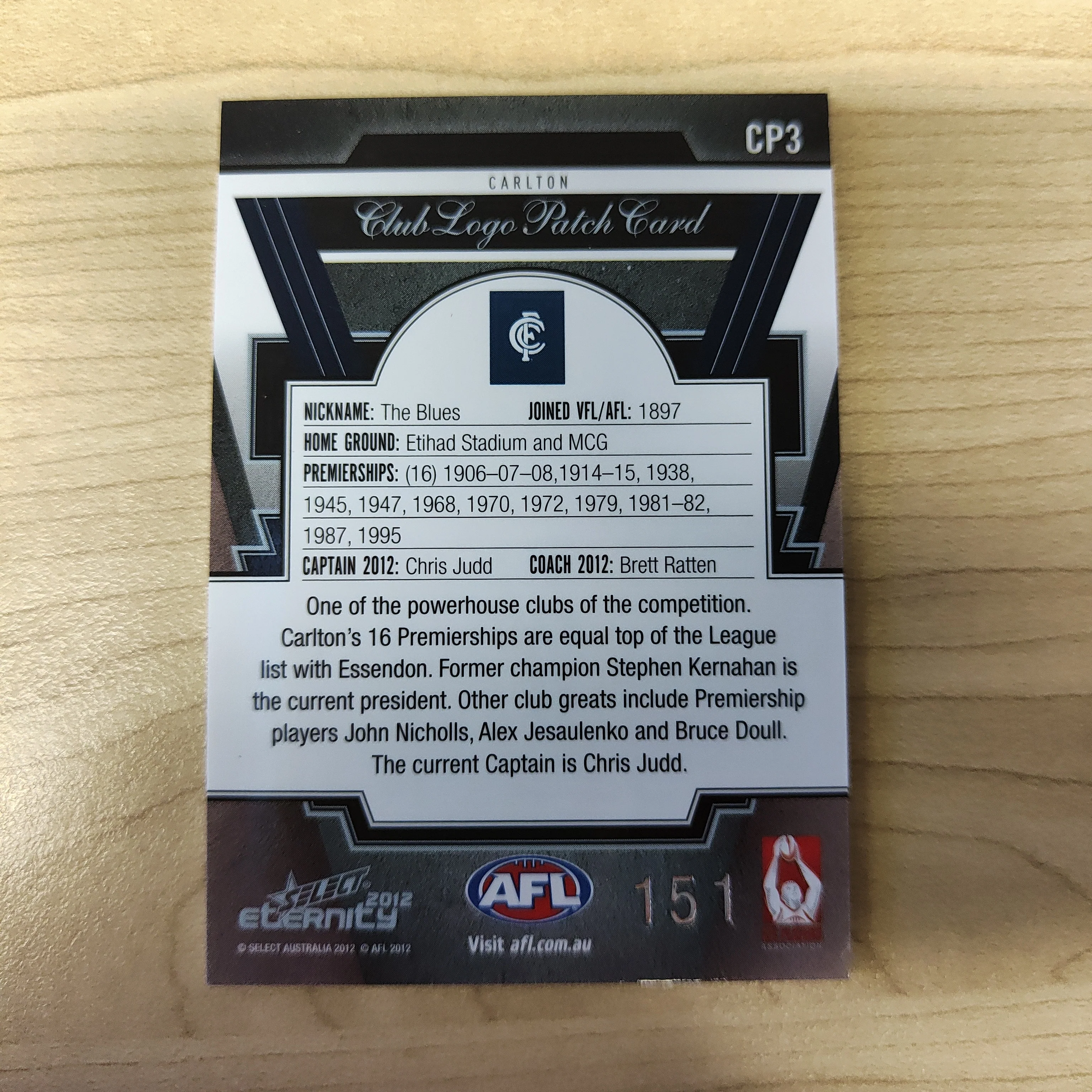 2012 Select Eternity Club Logo Patch Card Chris Judd Carlton No.151 - Image 2