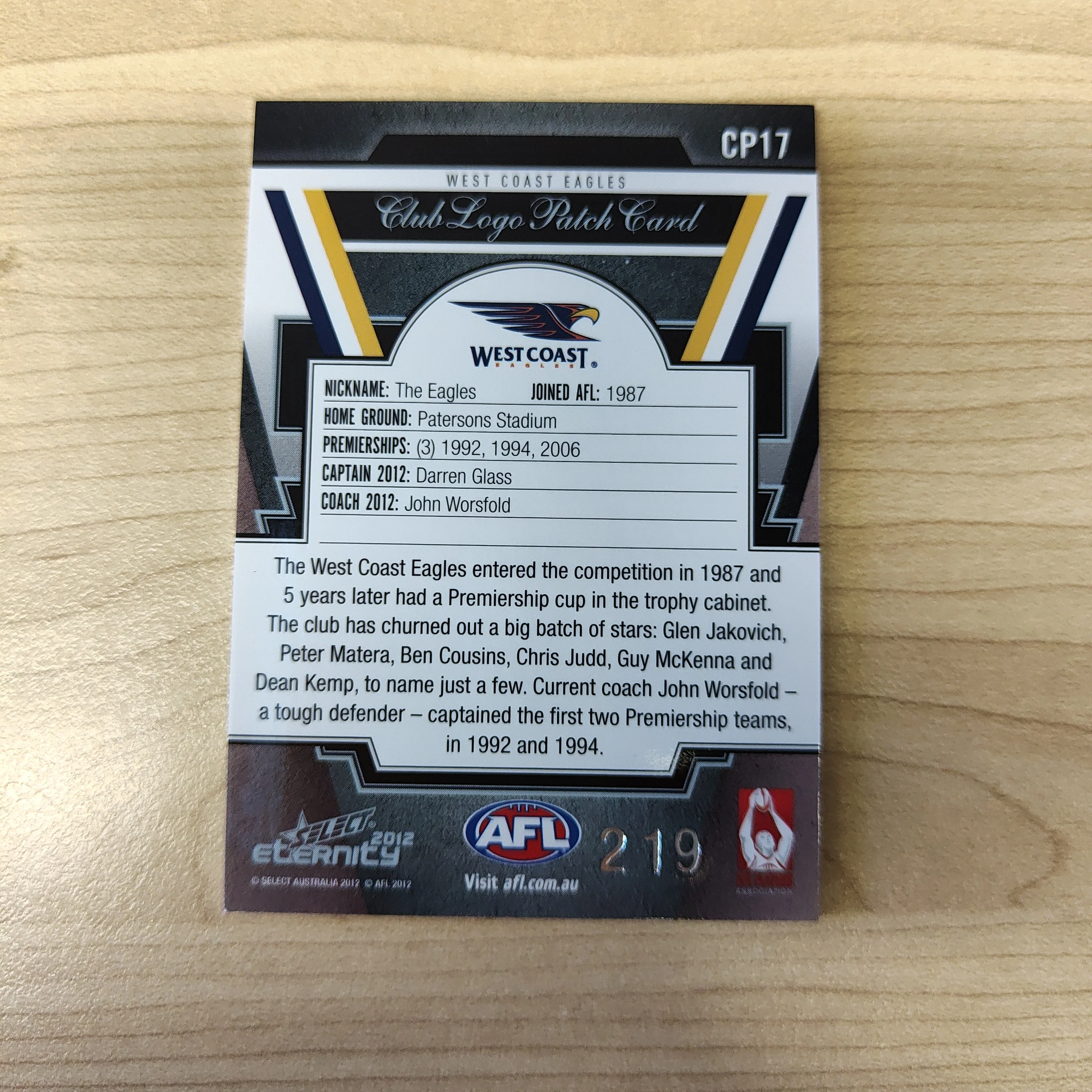 2012 Select Eternity Club Logo Patch Card Darren Glass West Coast No.219 - Image 2