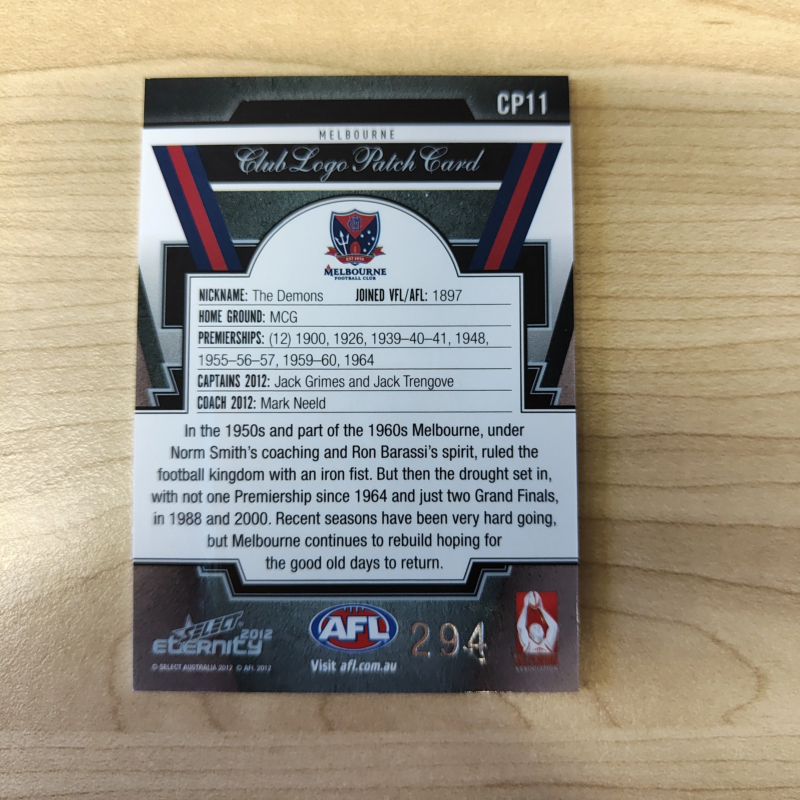 2012 Select Eternity Club Logo Patch Card Jack Grimes Jack Trengove Melbourne No.294 - Image 2