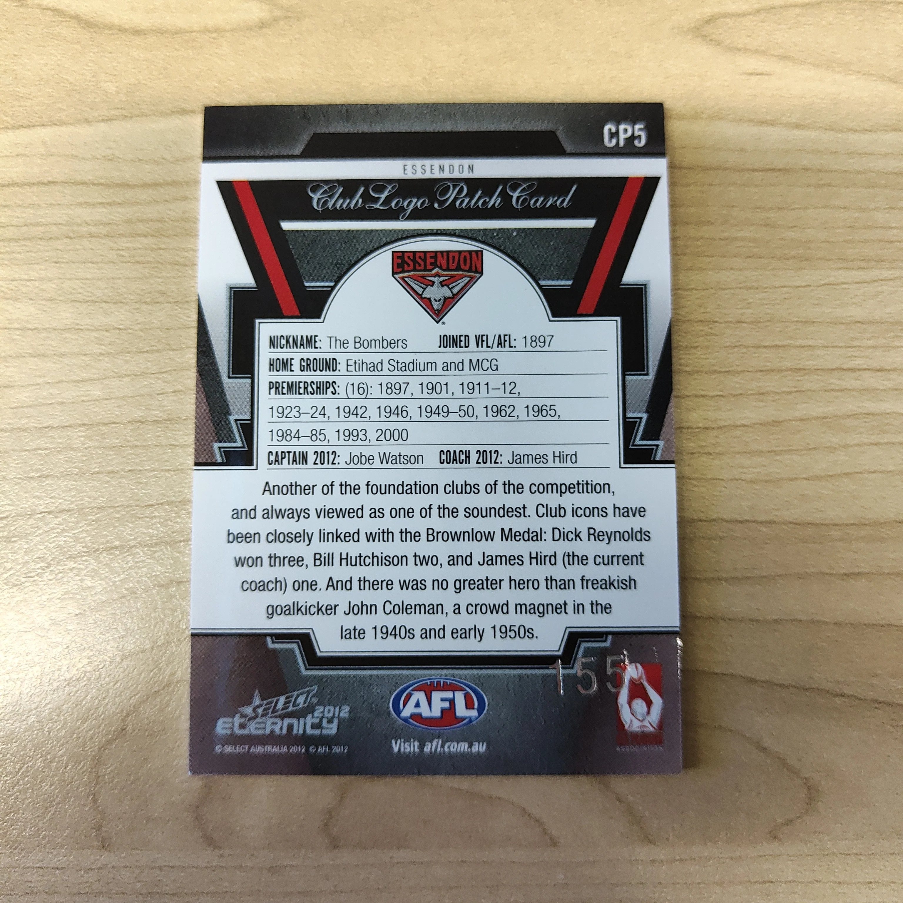 2012 Select Eternity Club Logo Patch Card Jobe Watson Essendon No.155 - Image 2