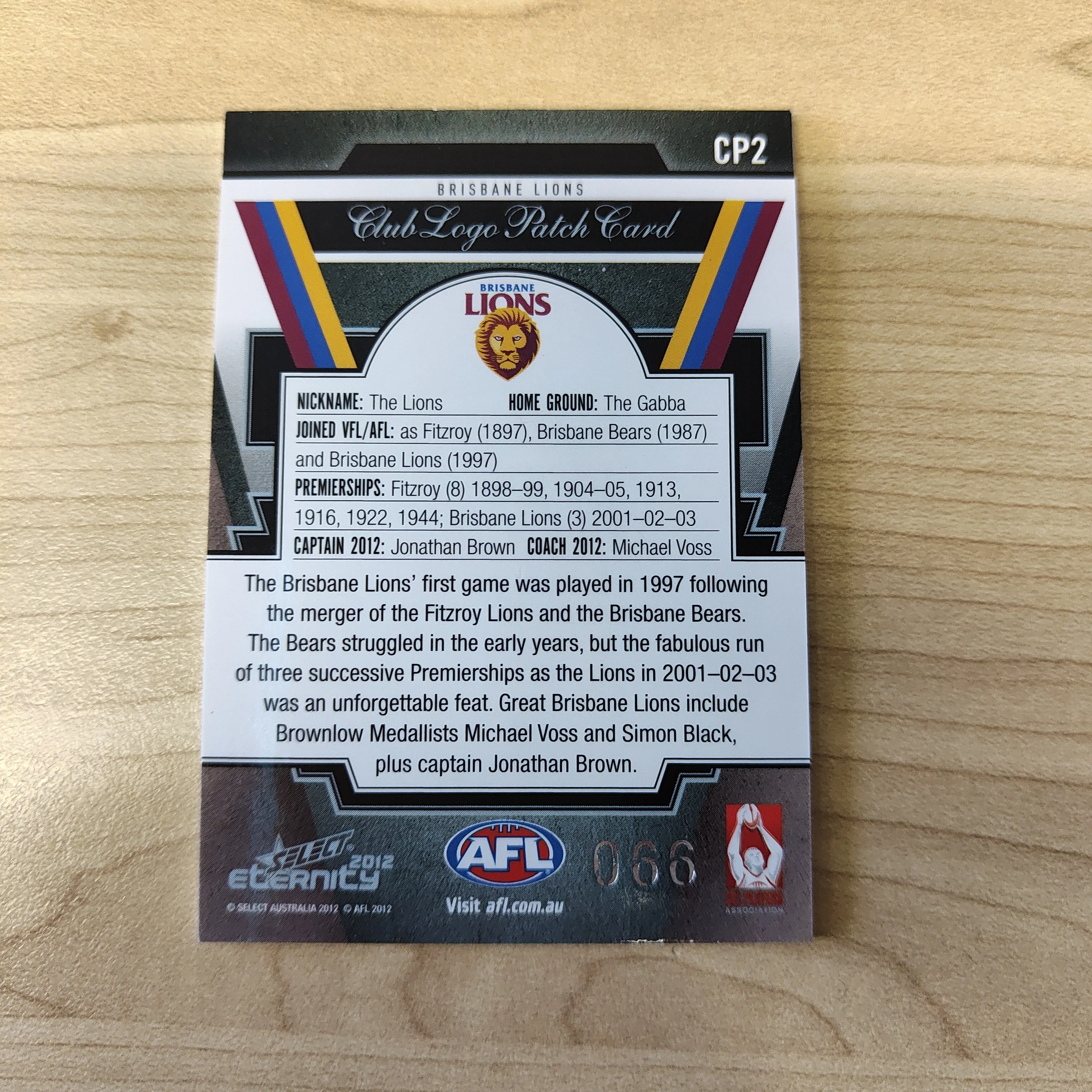 2012 Select Eternity Club Logo Patch Card Jonathan Brown Brisbane No.066 - Image 2