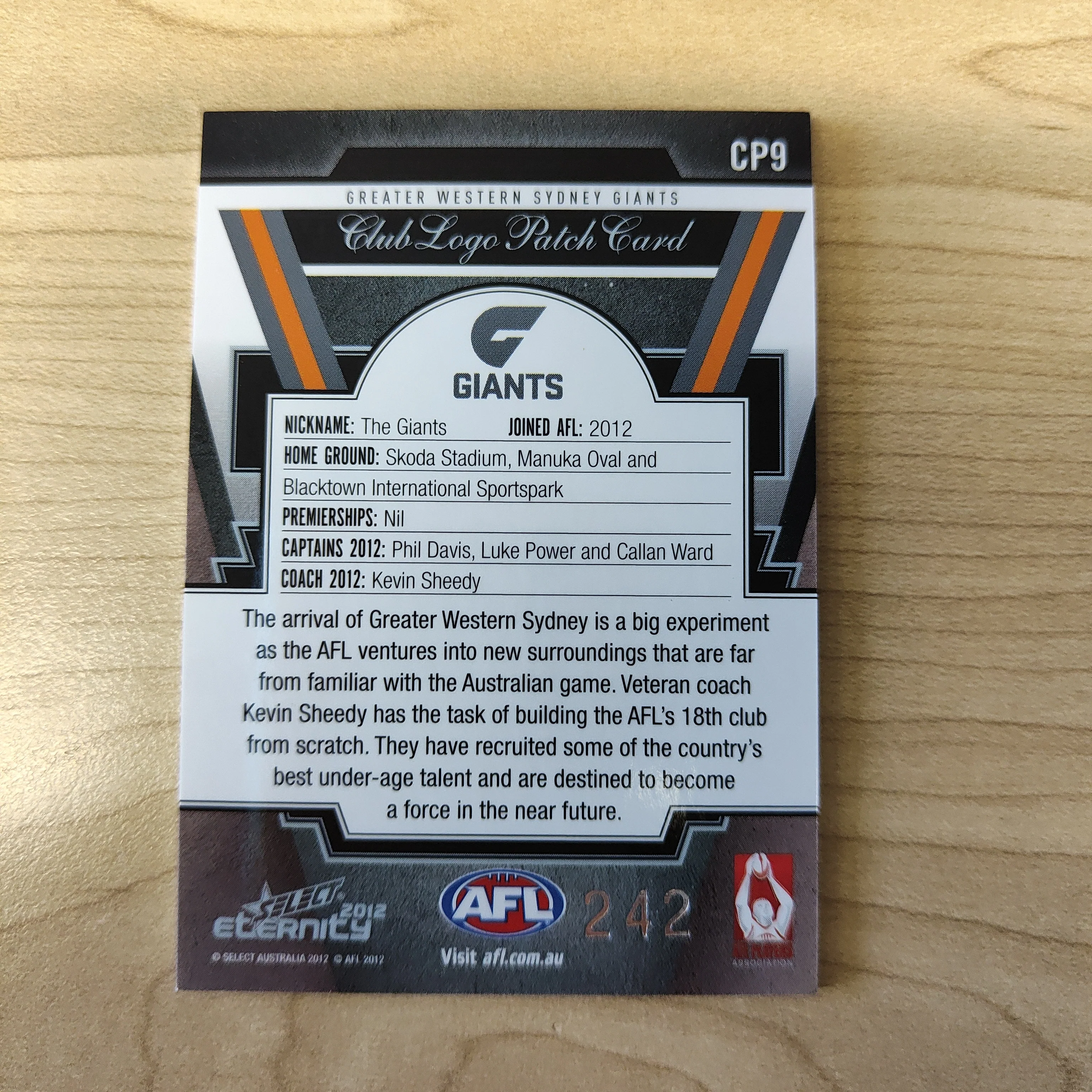 2012 Select Eternity Club Logo Patch Card Phil Davis Luke Power Callan Ward GWS No.242 - Image 2