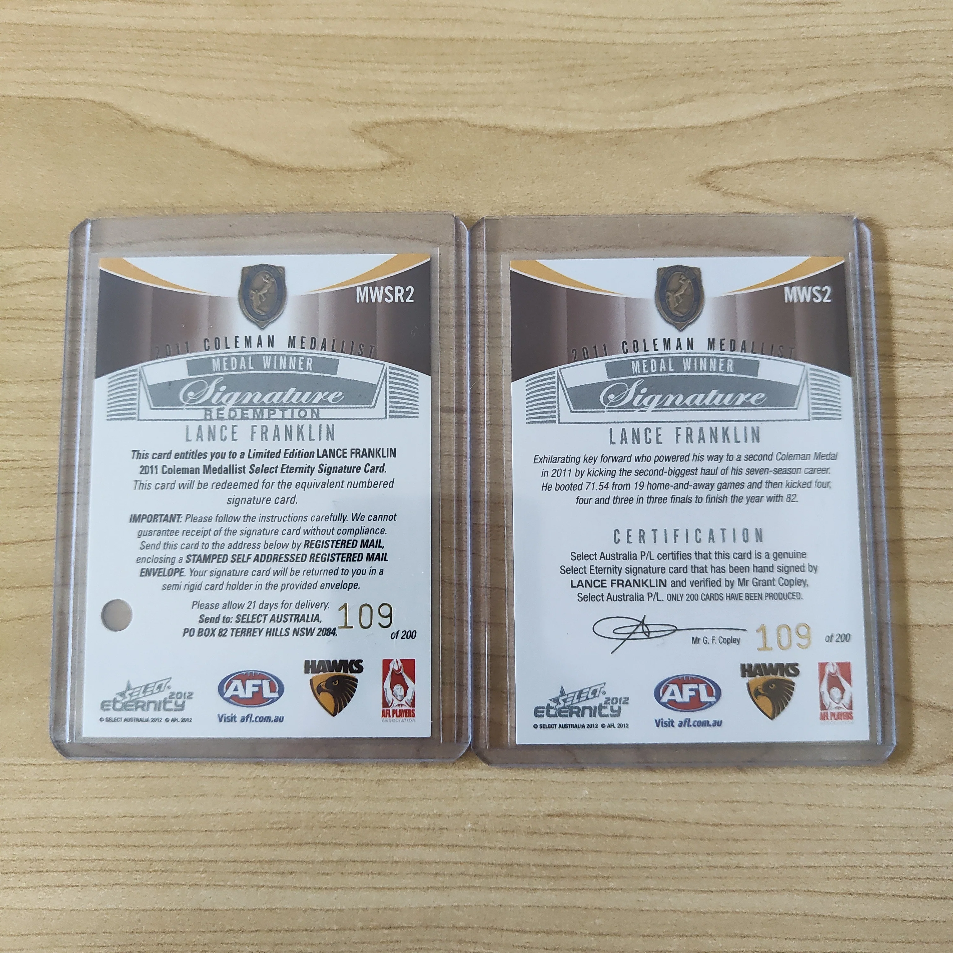2012 Select Eternity Coleman Medal Winner Signature Lance Franklin Hawthorn No.109/200 - Image 2