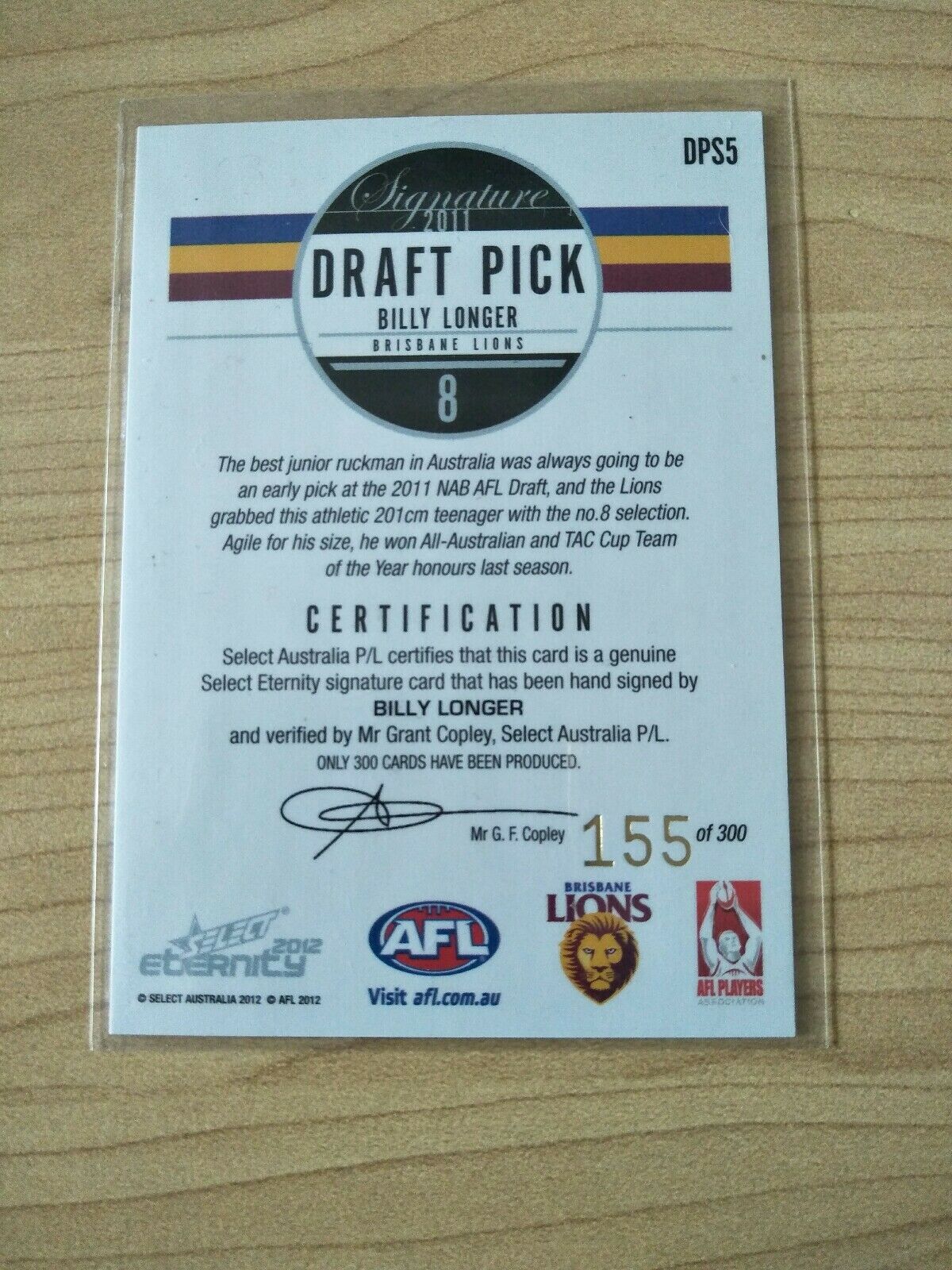 2012 Select Eternity Draft Pick Signature Billy Longer Brisbane Lions No.155/300 - Image 2