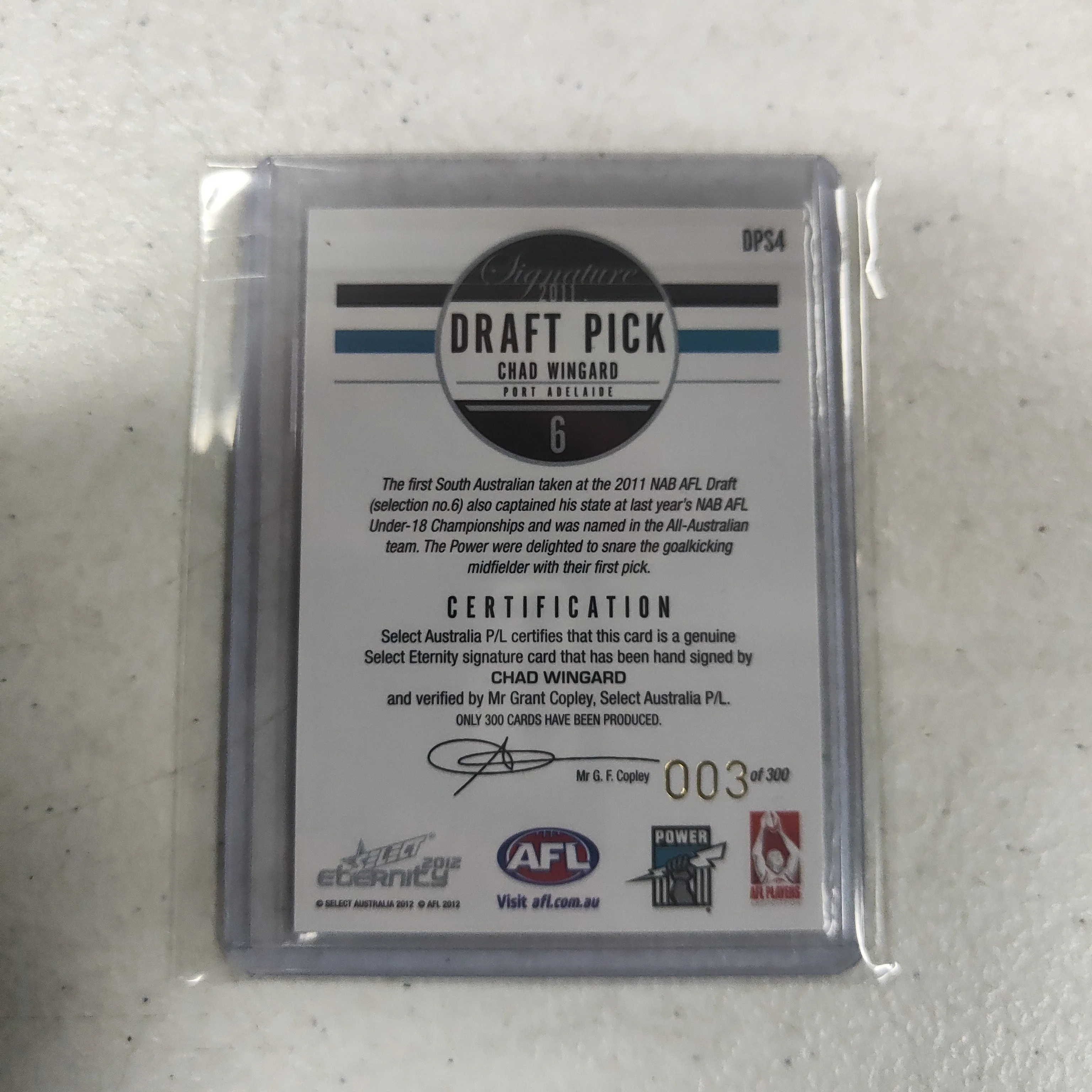 2012 Select Eternity Draft Pick Signature Chad Wingard Port Adelaide LOW NUMBER No.003/300 - Image 2