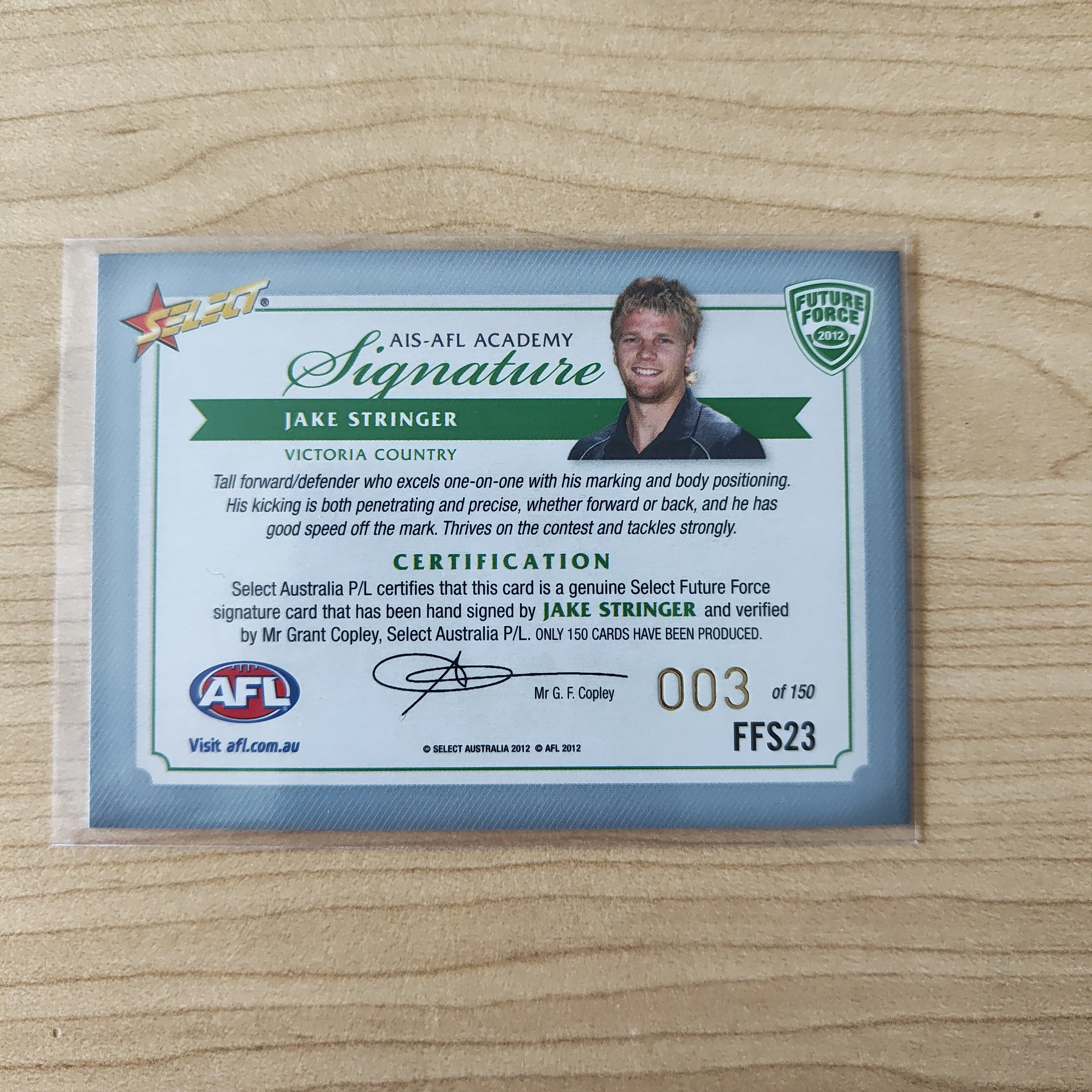 2012 Select Future Force Green Signature Jake Stringer Western Bulldogs No.003/150 - Image 2