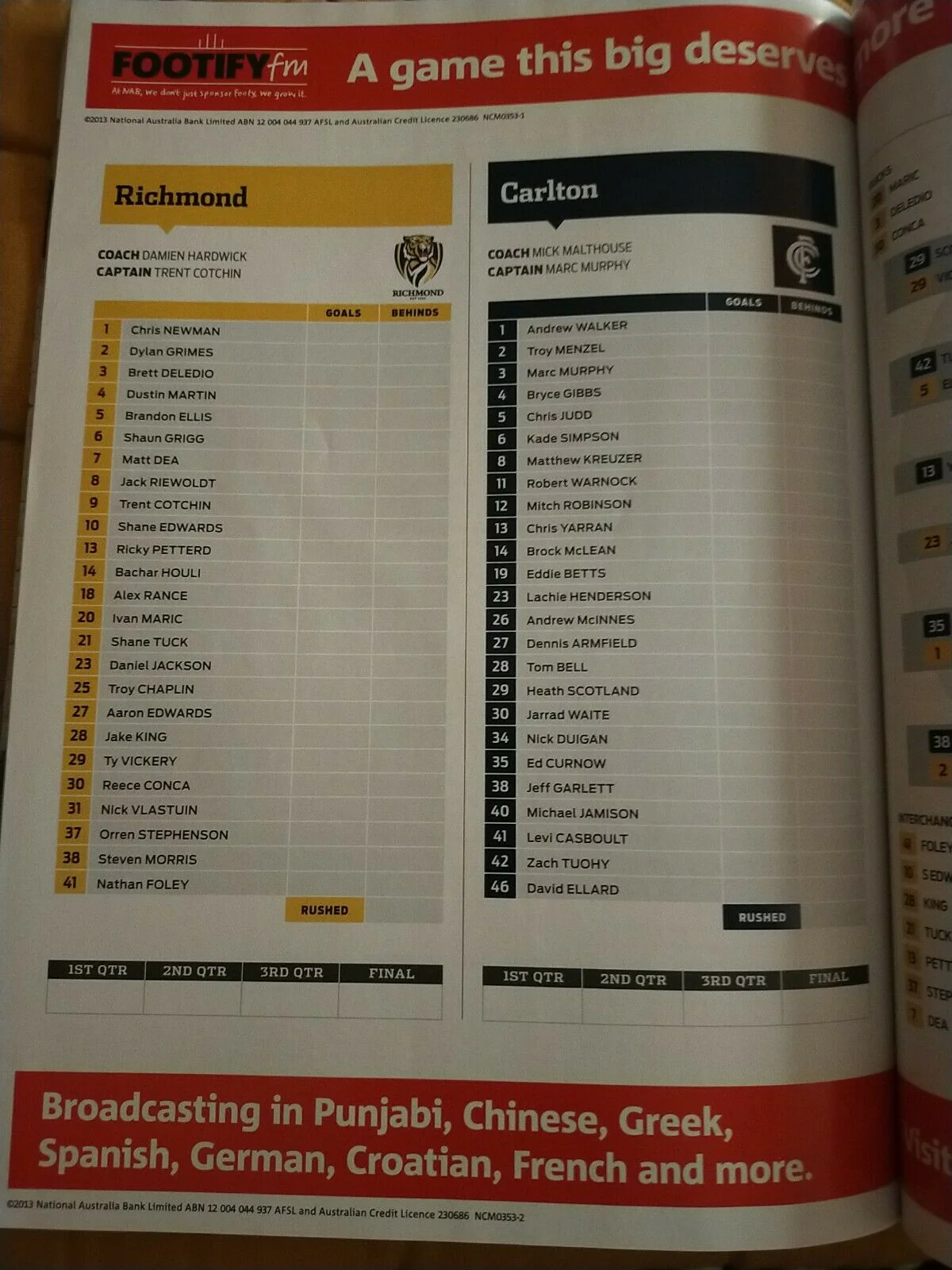 2013 1st Elimination Final AFL Football Record Richmond v Carlton - Image 3