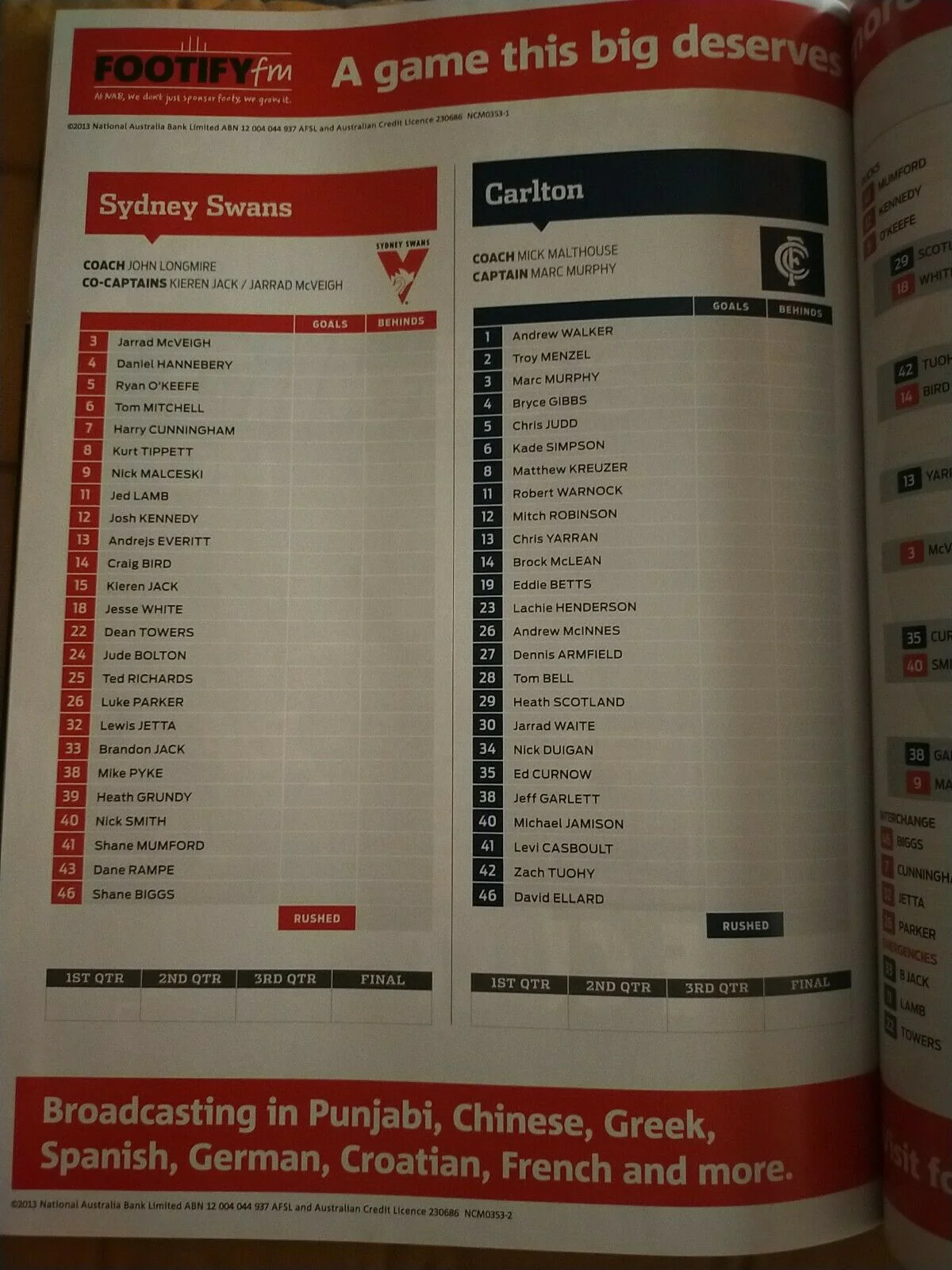 2013 1st Semi Final AFL Football Record Sydney v Carlton - Image 3