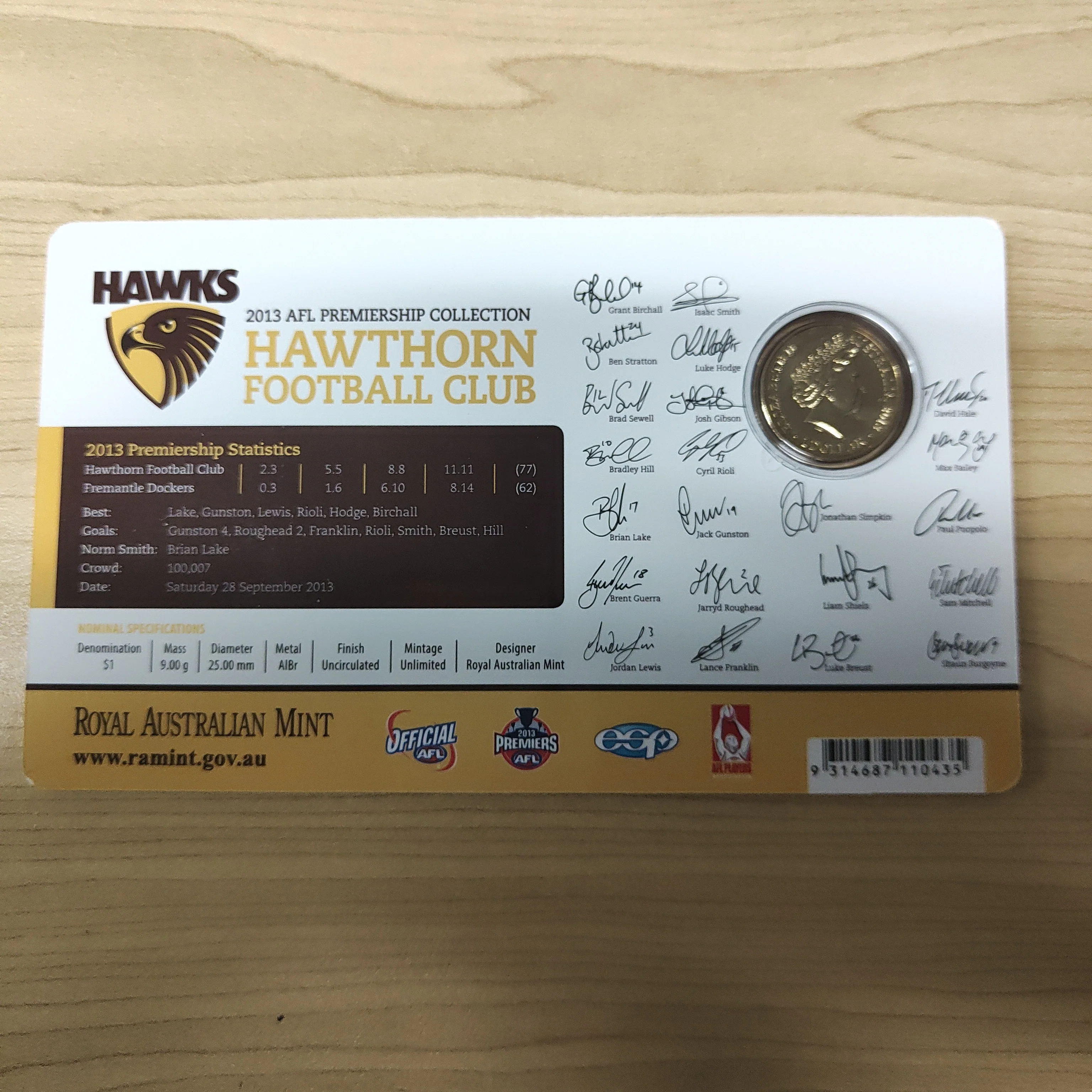 Australia 2013 Royal Australian Mint $1 AFL Football Premiership Hawthorn Uncirculated Coin - Image 2