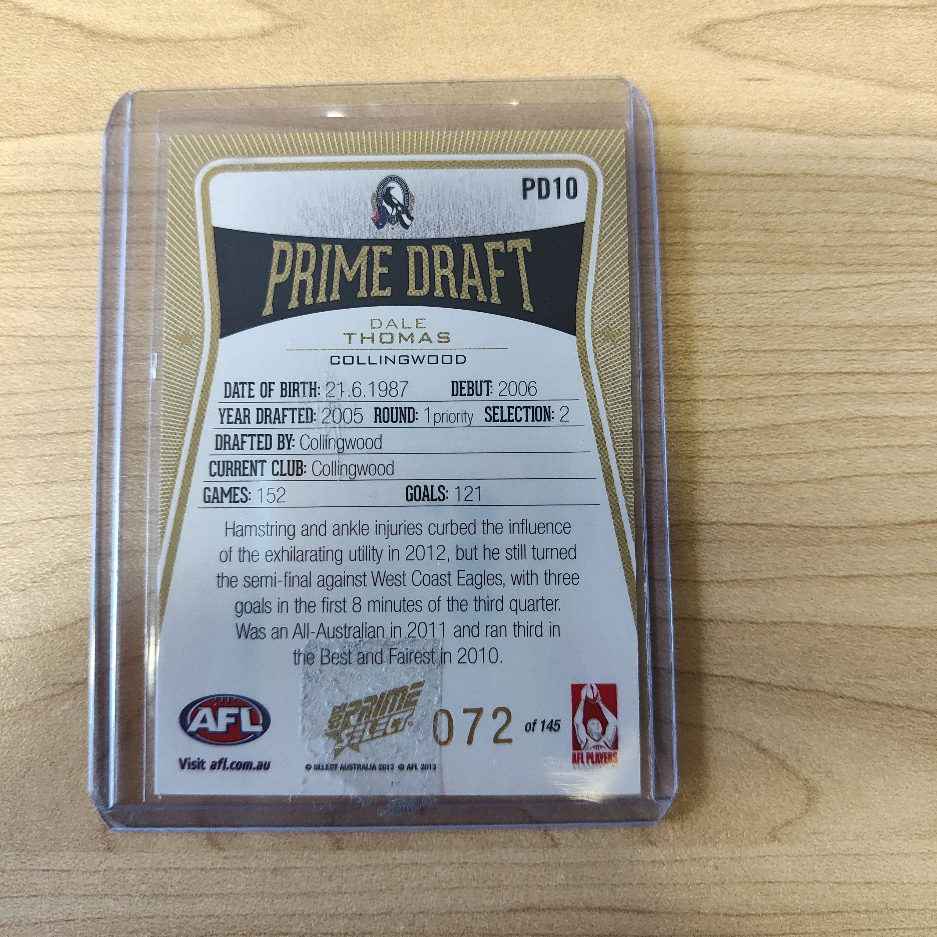 2013 AFL Prime Draft Pick PD10 Dale Thomas Collingwood - Image 2