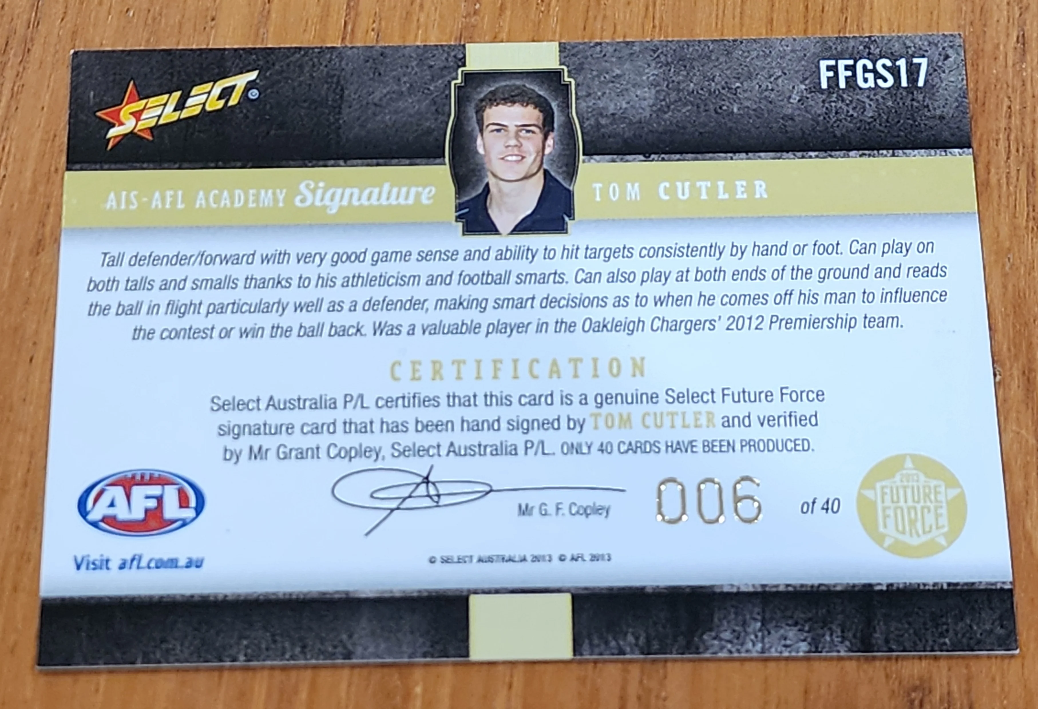 2013 AFL Select Future Force Tom Cutler AIS AFL Academy Signature LOW 6/40 FFGS17 - Image 2