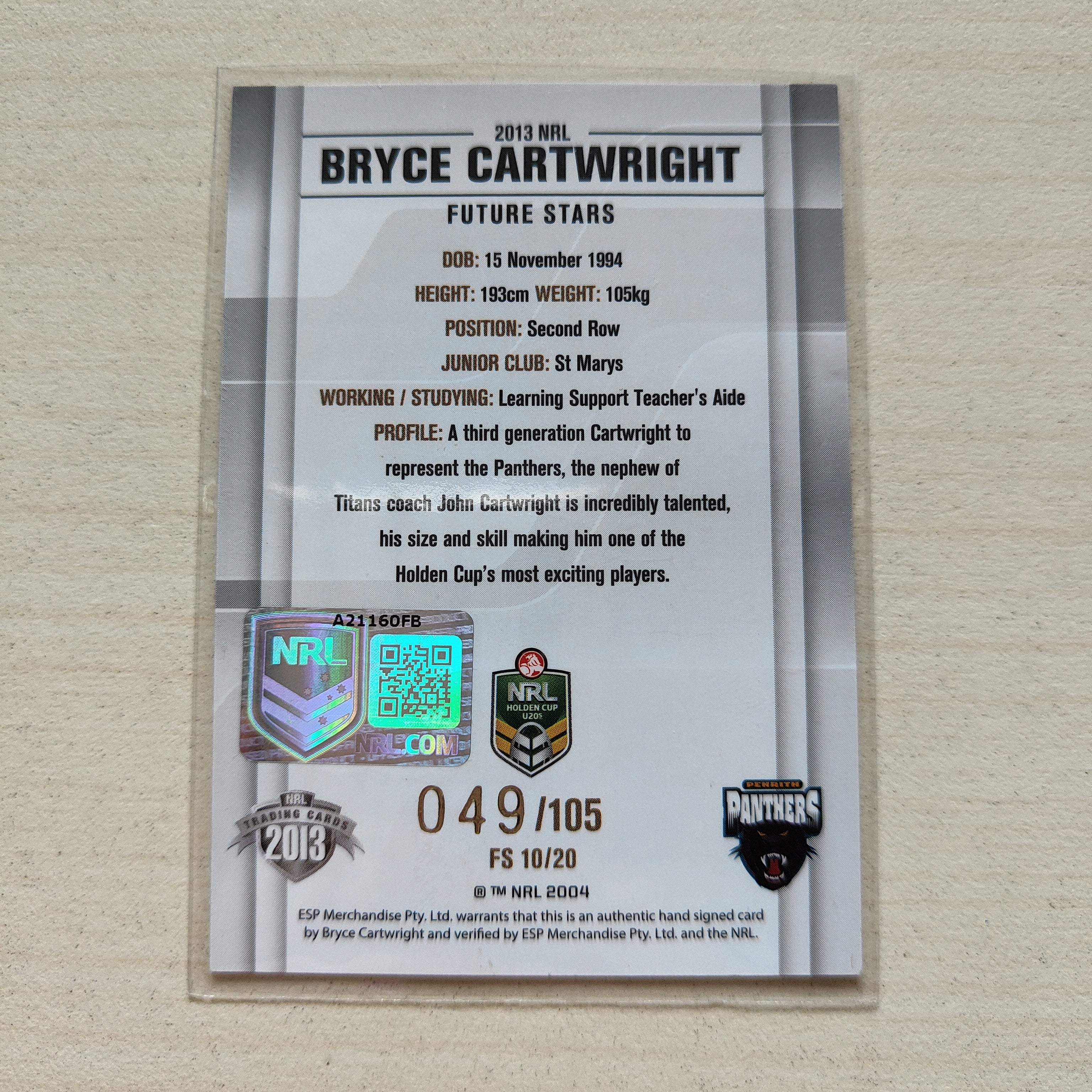 2013 NRL Elite Future Stars Signature Card Bryce Cartwright Panthers - Image 2