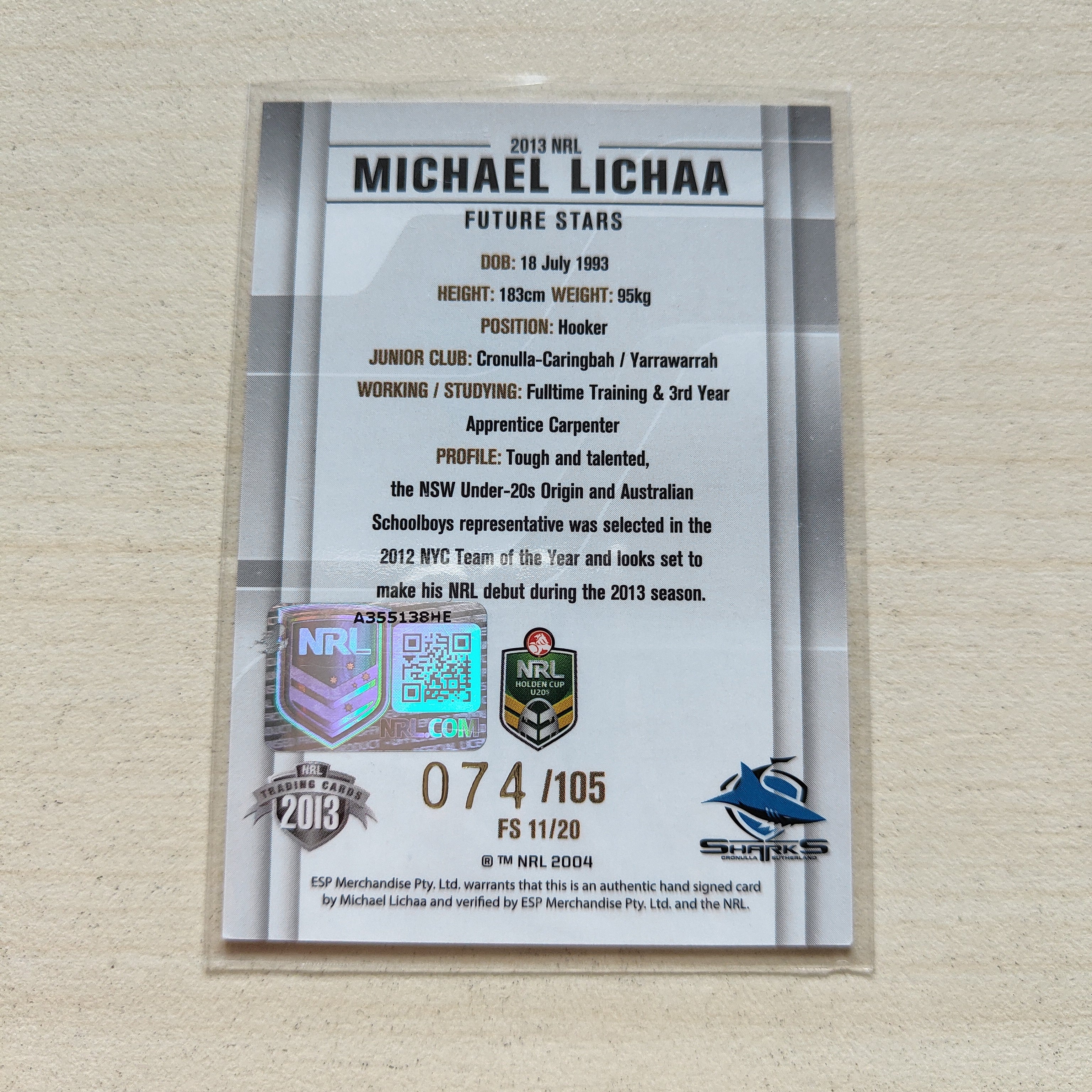 2013 NRL Elite Future Stars Signature Card Michael Lichaa Sharks - Image 2