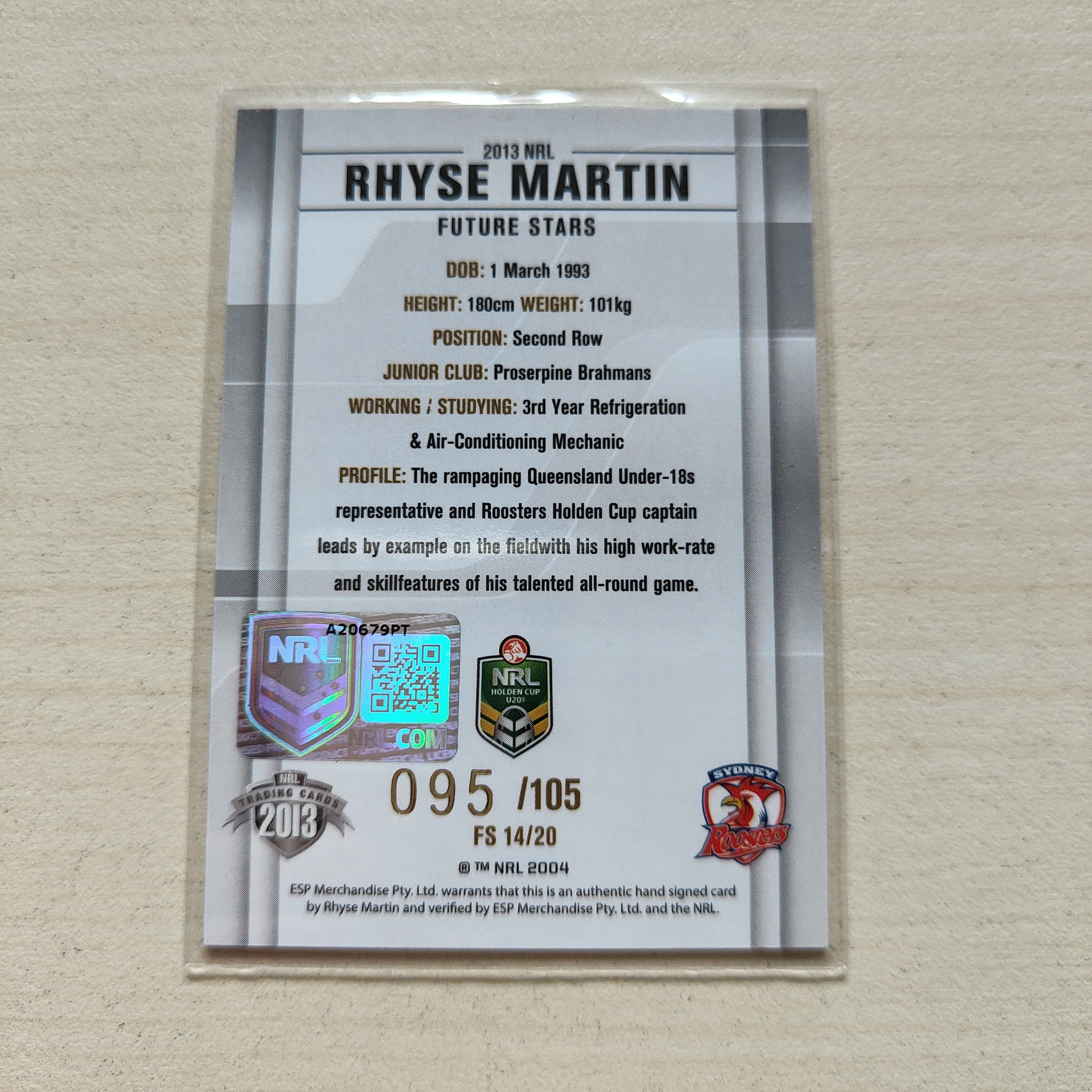 2013 NRL Elite Future Stars Signature Card Rhyse Martin Roosters - Image 2