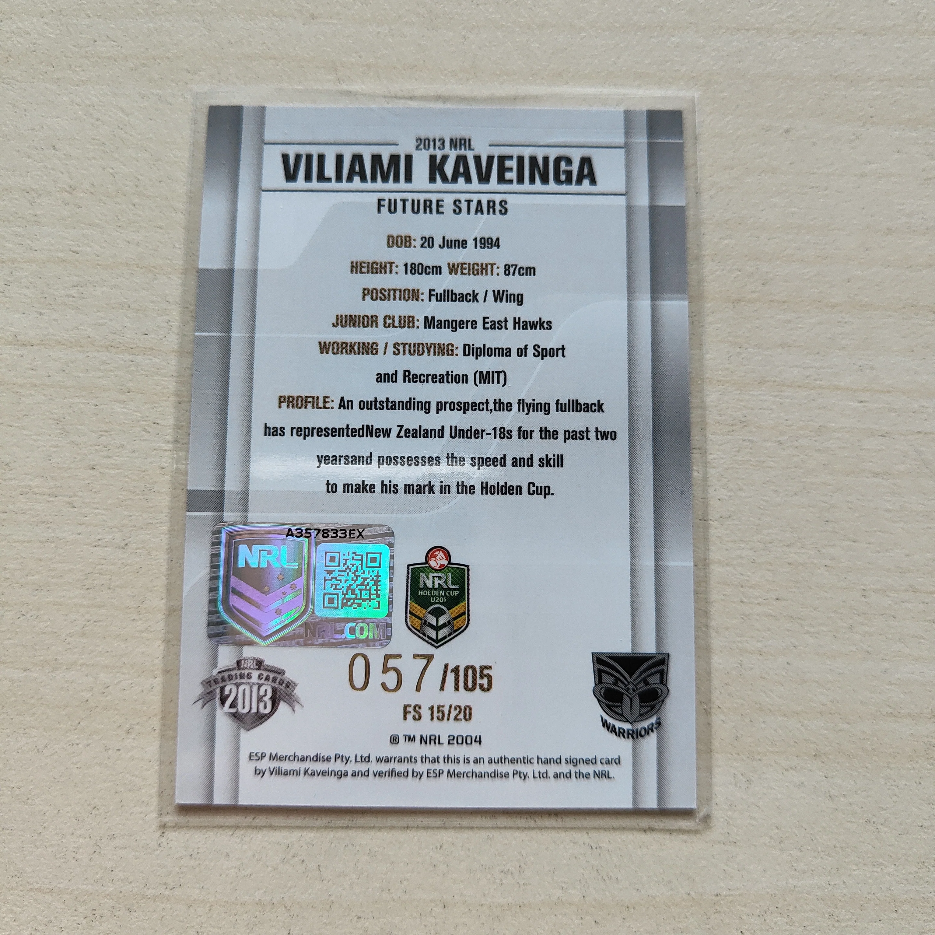 2013 NRL Elite Future Stars Signature Card Viliami Kaveinga Warriors - Image 2