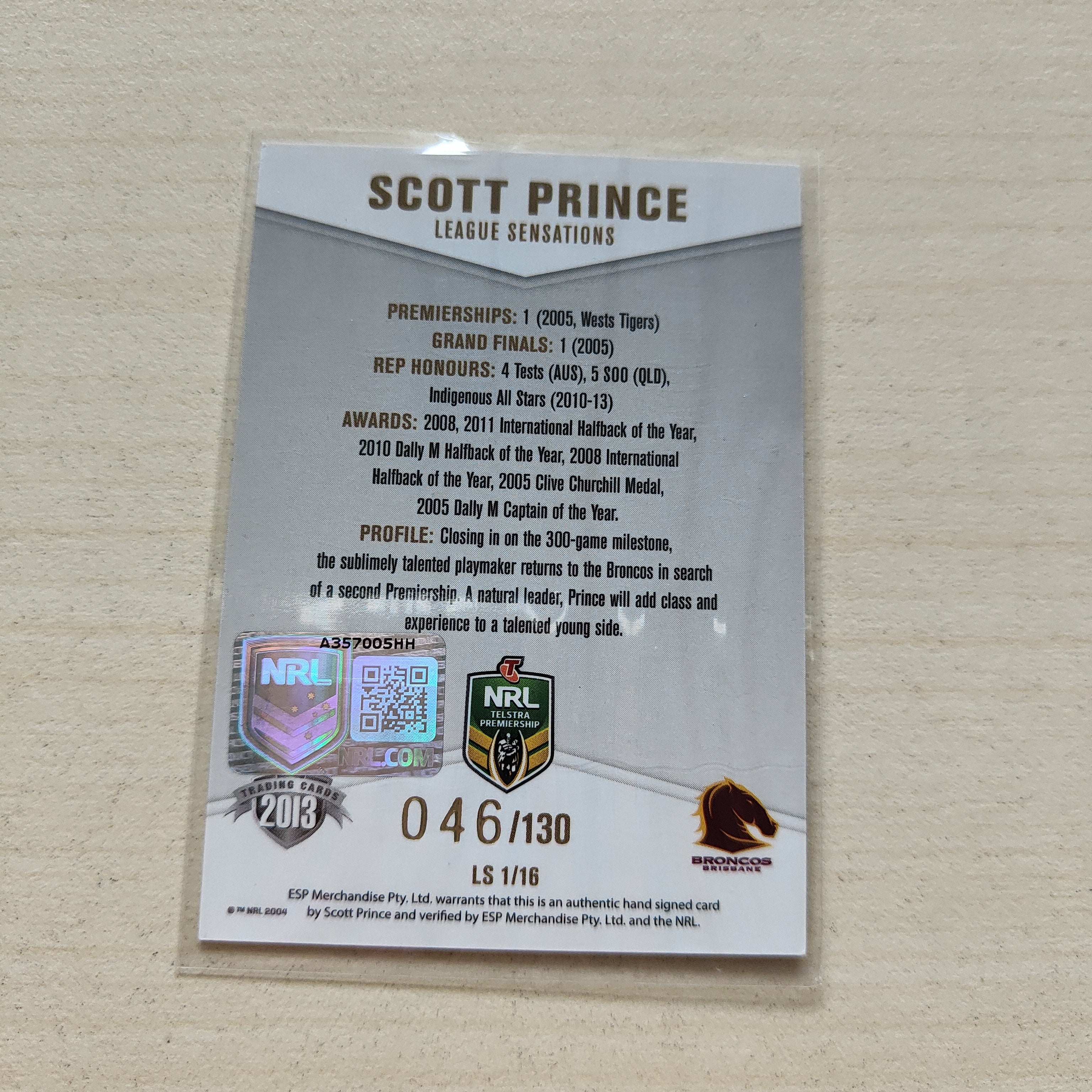 2013 NRL Elite League Sensations Signature Card Scott Prince Broncos - Image 2