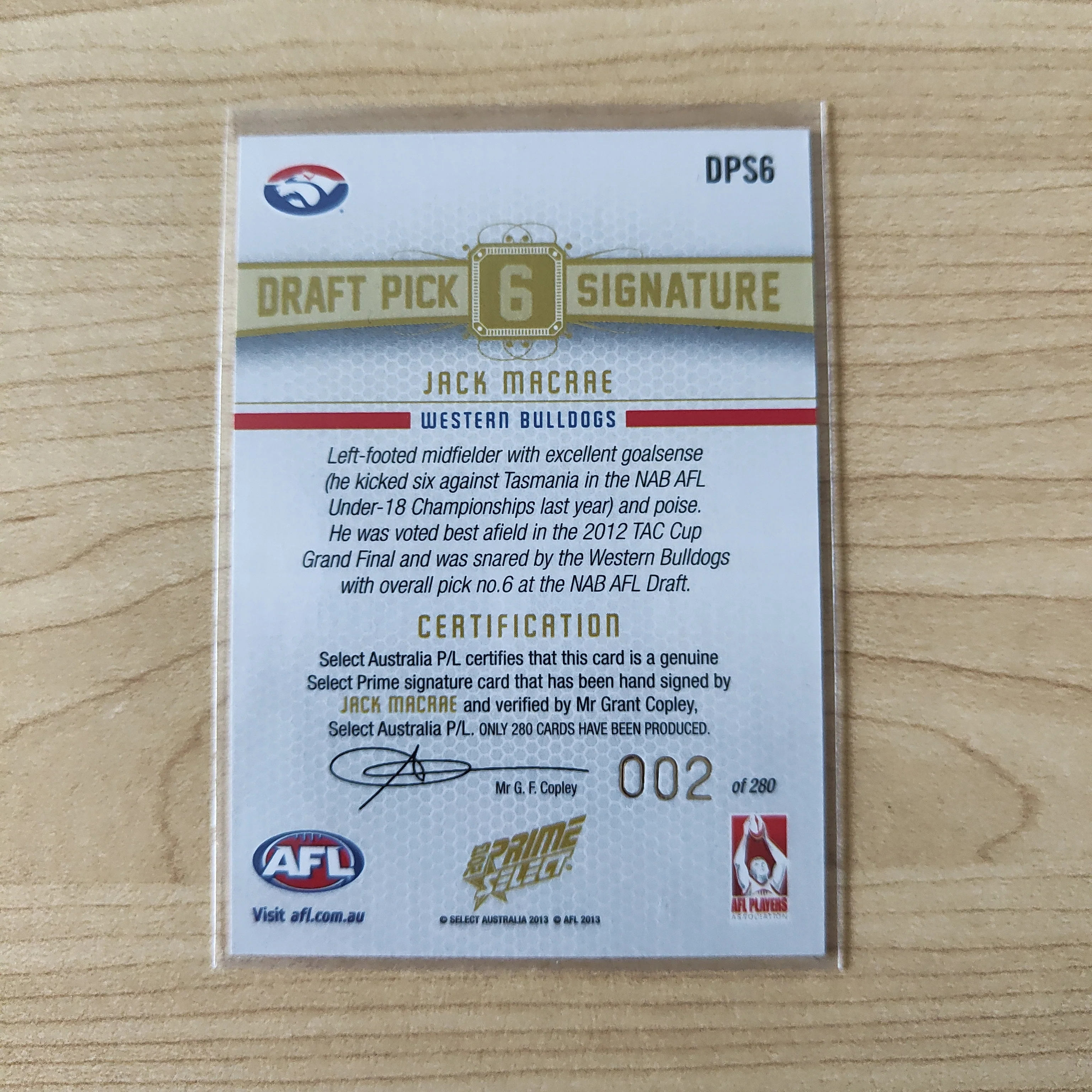 2013 Select Draft Pick Signature Jack Macrae Western Bulldogs LOW NUMBER No.002/280 - Image 2