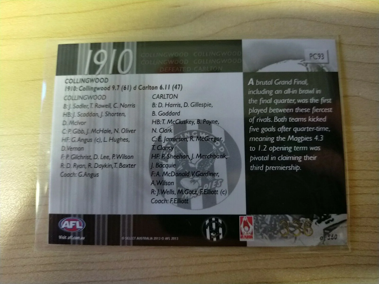2013 Select Prime 1910 Premiers Collingwood No. 335/560 - Image 2