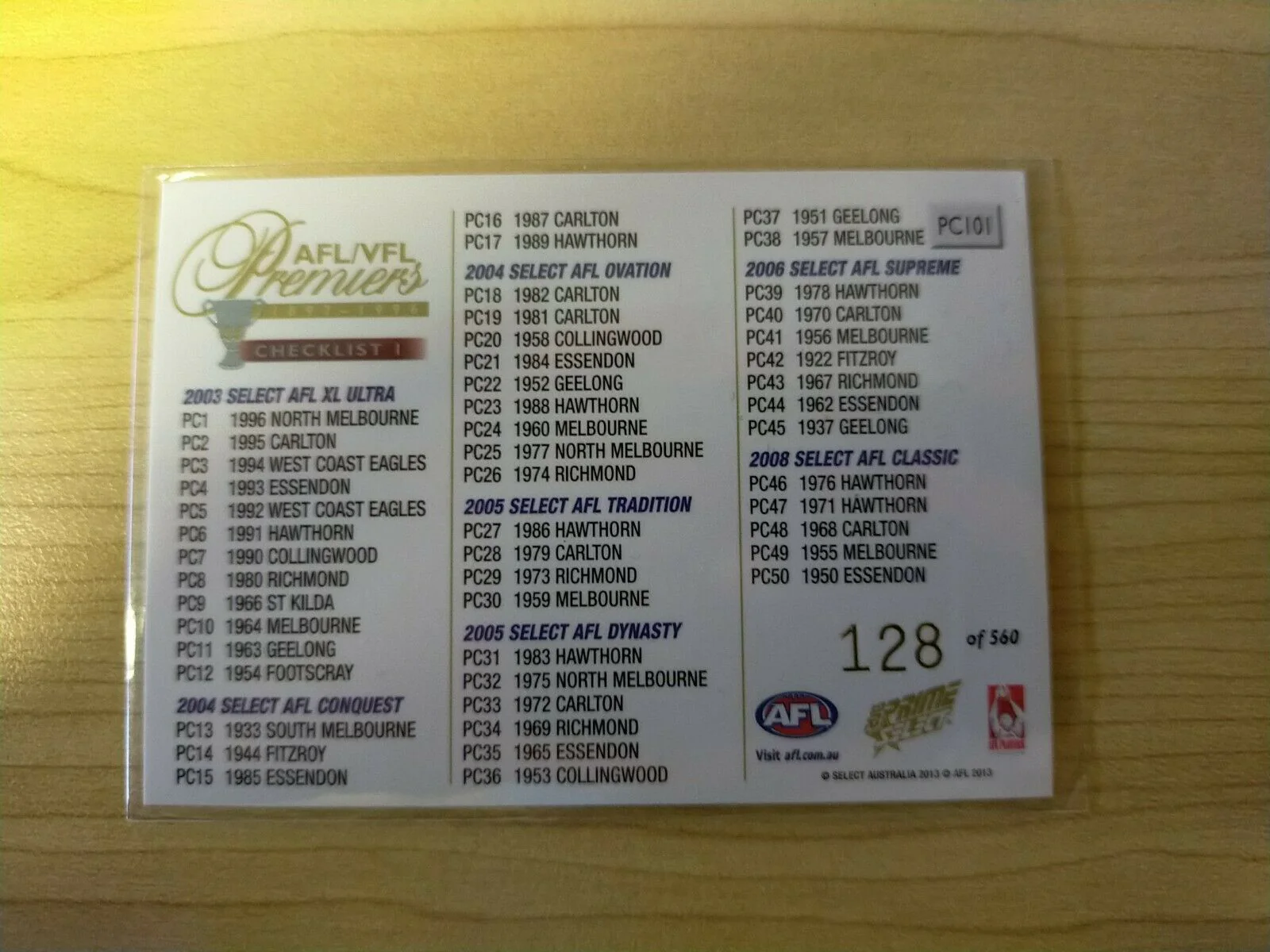 2013 Select Prime Checklist 1 AFL/VFL Premiers No.128/560 - Image 2