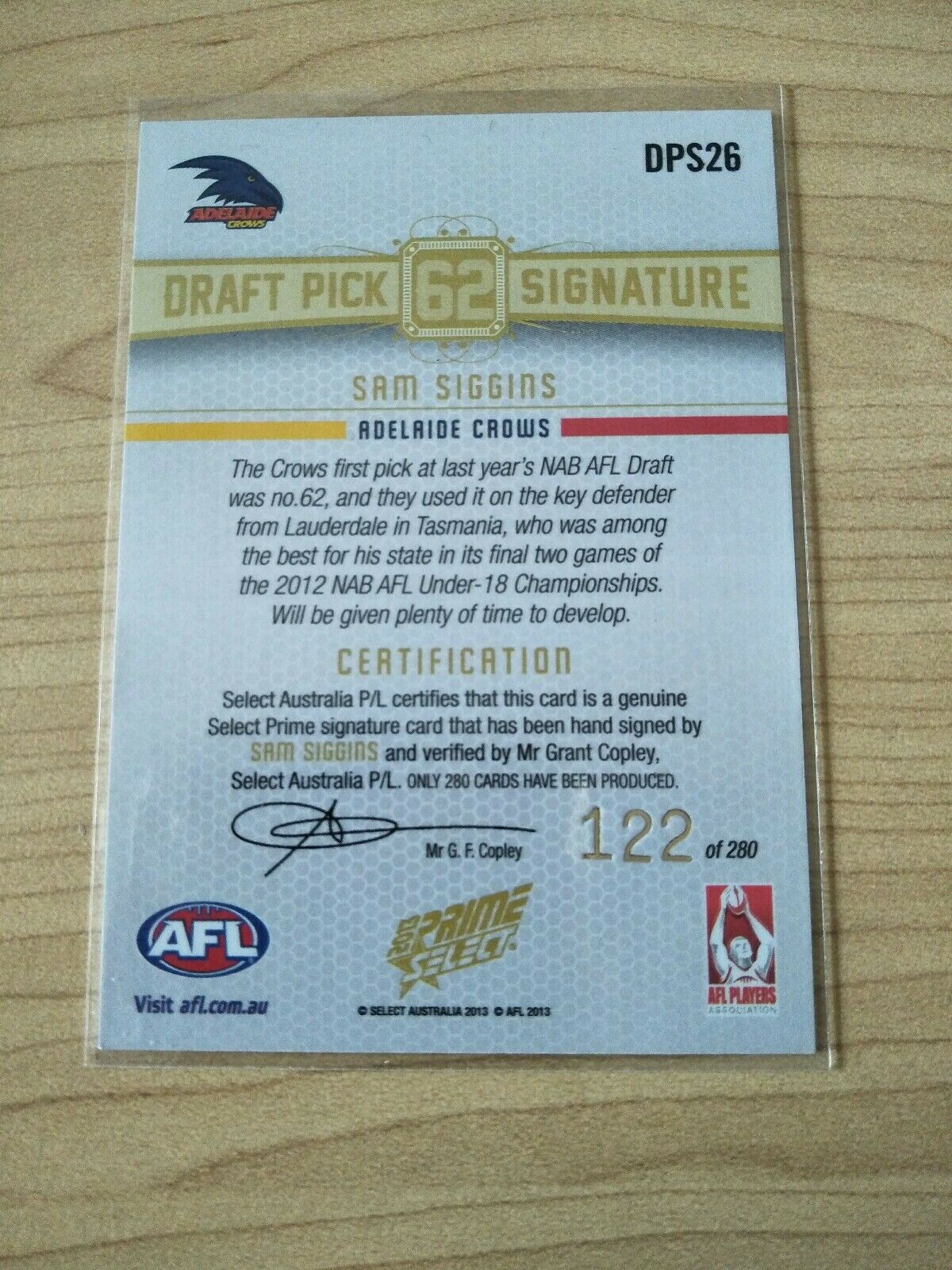 2013 Select Prime Draft Pick Signature Sam Siggins Adelaide No. 122/280 - Image 2