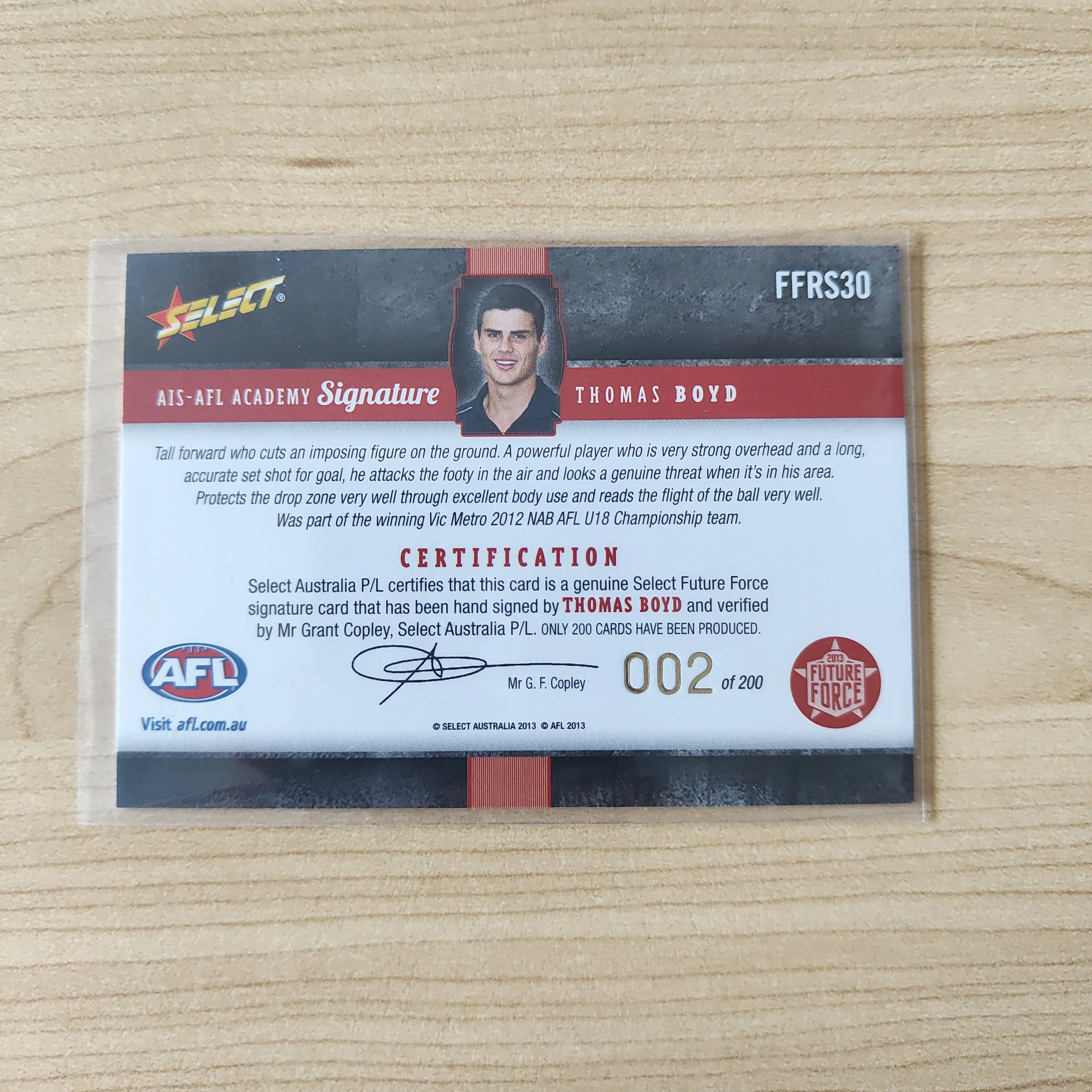 2013 Select Red Draft Pick Signature Thomas Boyd Western Bulldogs LOW NUMBER No.002/200 - Image 2