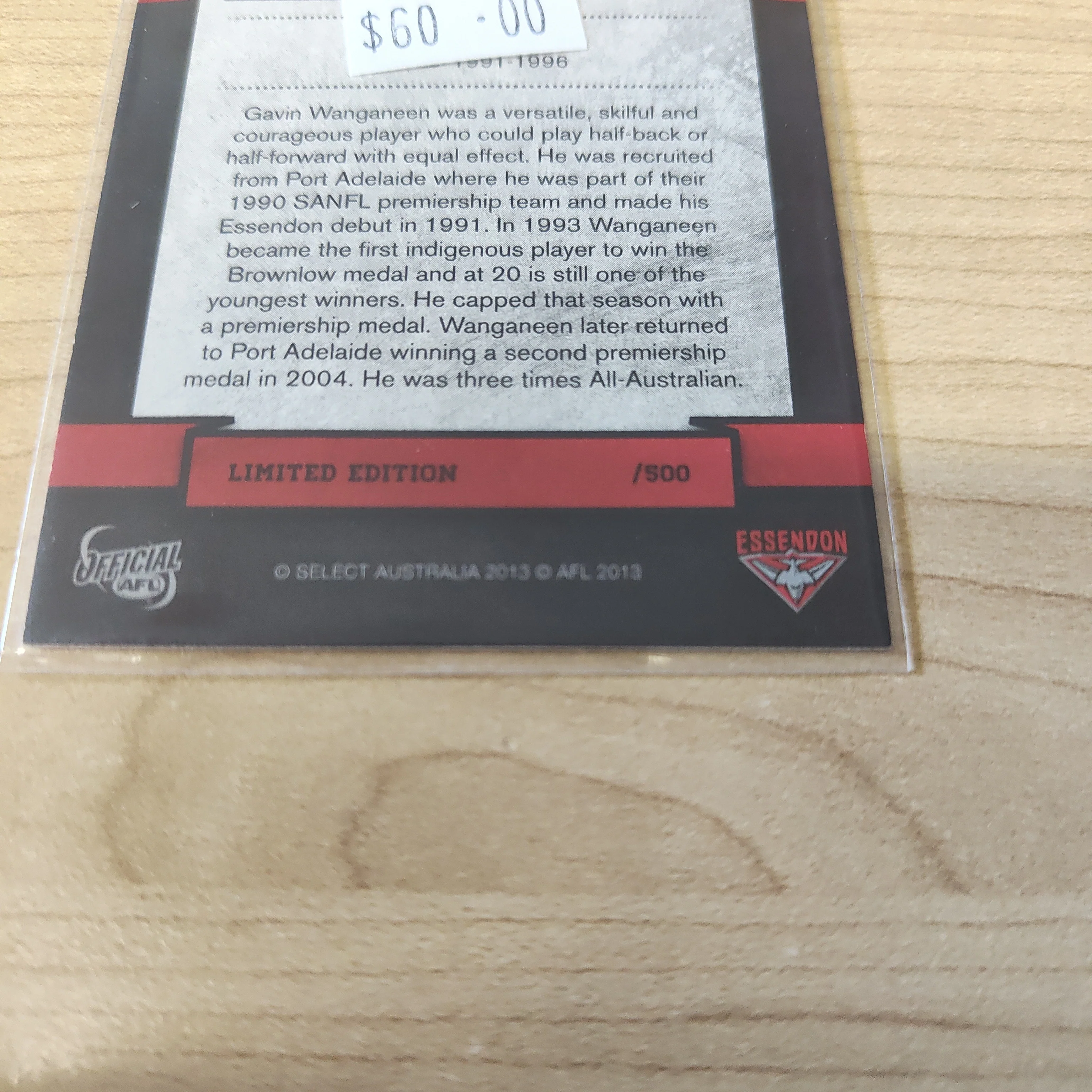 2013 Select Signature Series Brownlow Medallist Gavin Wanganeen Essendon Hand Signed Unnumbered Card - Image 3